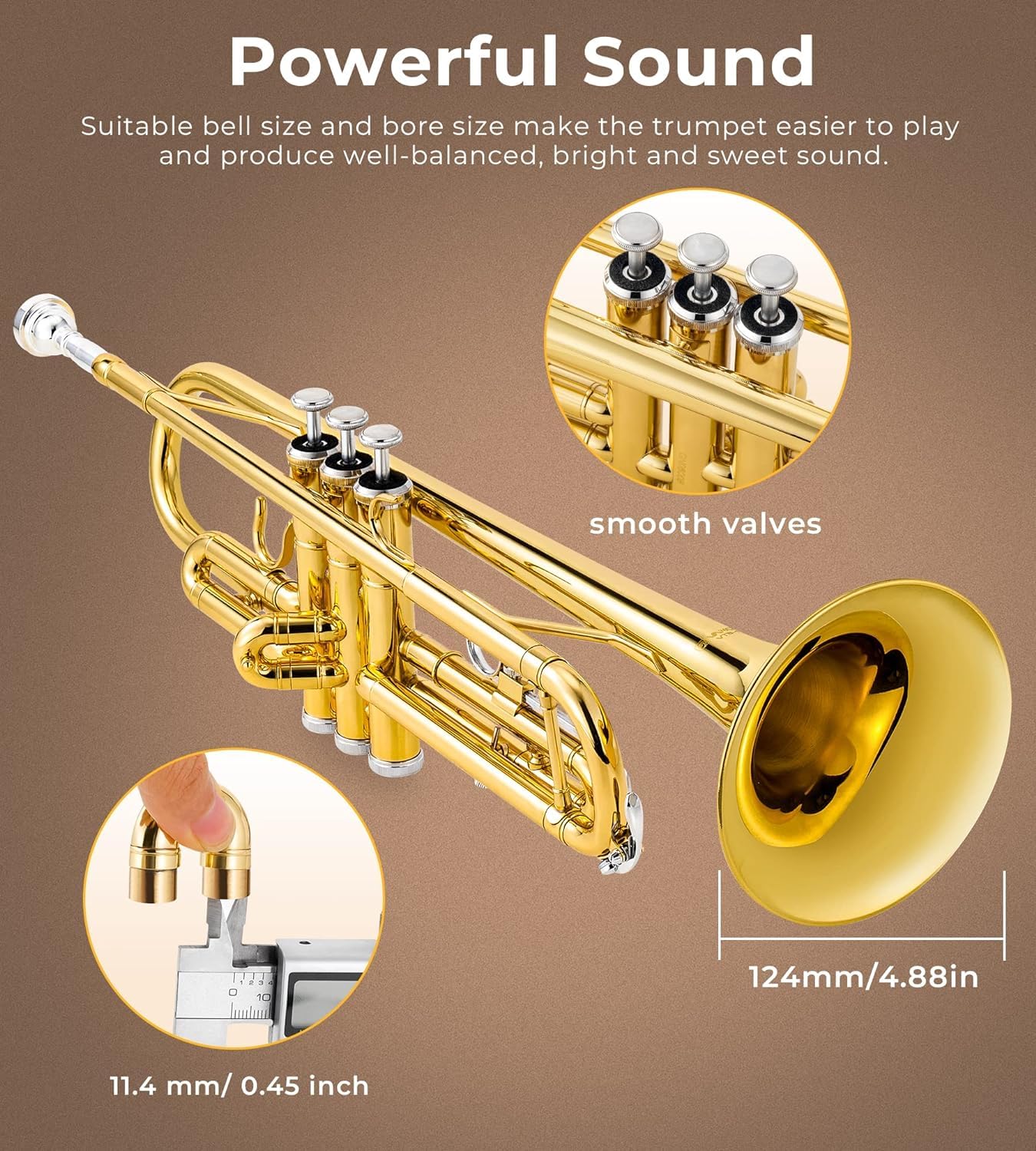 Vangoa Bb Trumpet Brass Standard Gold Beginner Trumpet for Students & Adults - Includes Hard Case, Stand, Cleaning Kit, White Gloves, Valve Oil & 7C Mouthpiece - Perfect for School Band, Orchestra & Music Practice