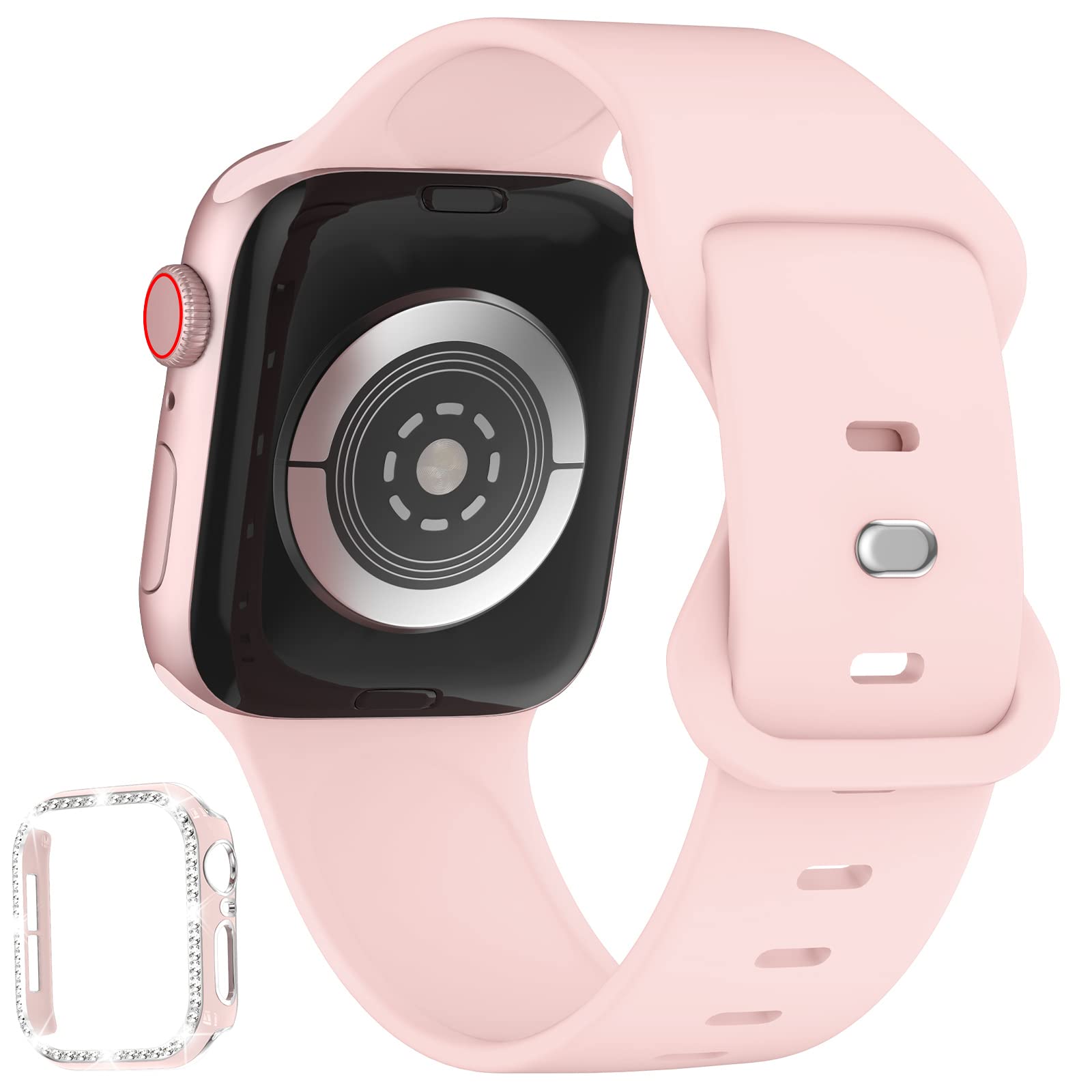 XYF Pink Glitter Apple Watch Band with Bumper Case - Compatible with iWatch SE Series 10/9/8/7/6/5/4/3/2/1 & 38mm 40mm 42mm 44mm 45mm 46mm - Soft Silicone Strap for Women - Perfect for Workouts, Daily Wear & Fashion Accessories