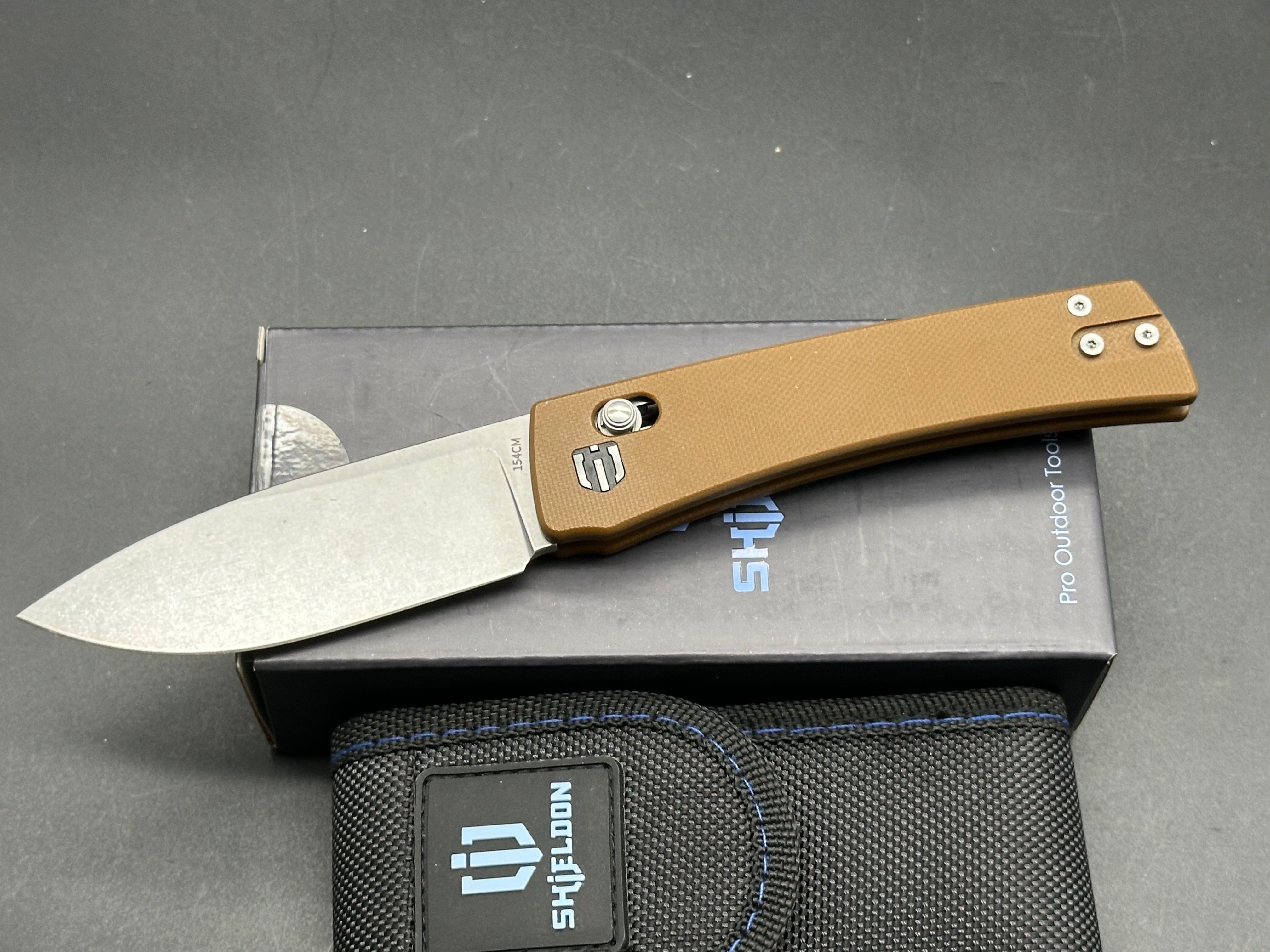 SHIELDON KITE Pocket Knife - 154CM Stainless Steel Blade with Brown G10 Handle - Compact EDC Folding Knife for Outdoor, Camping & Everyday Carry