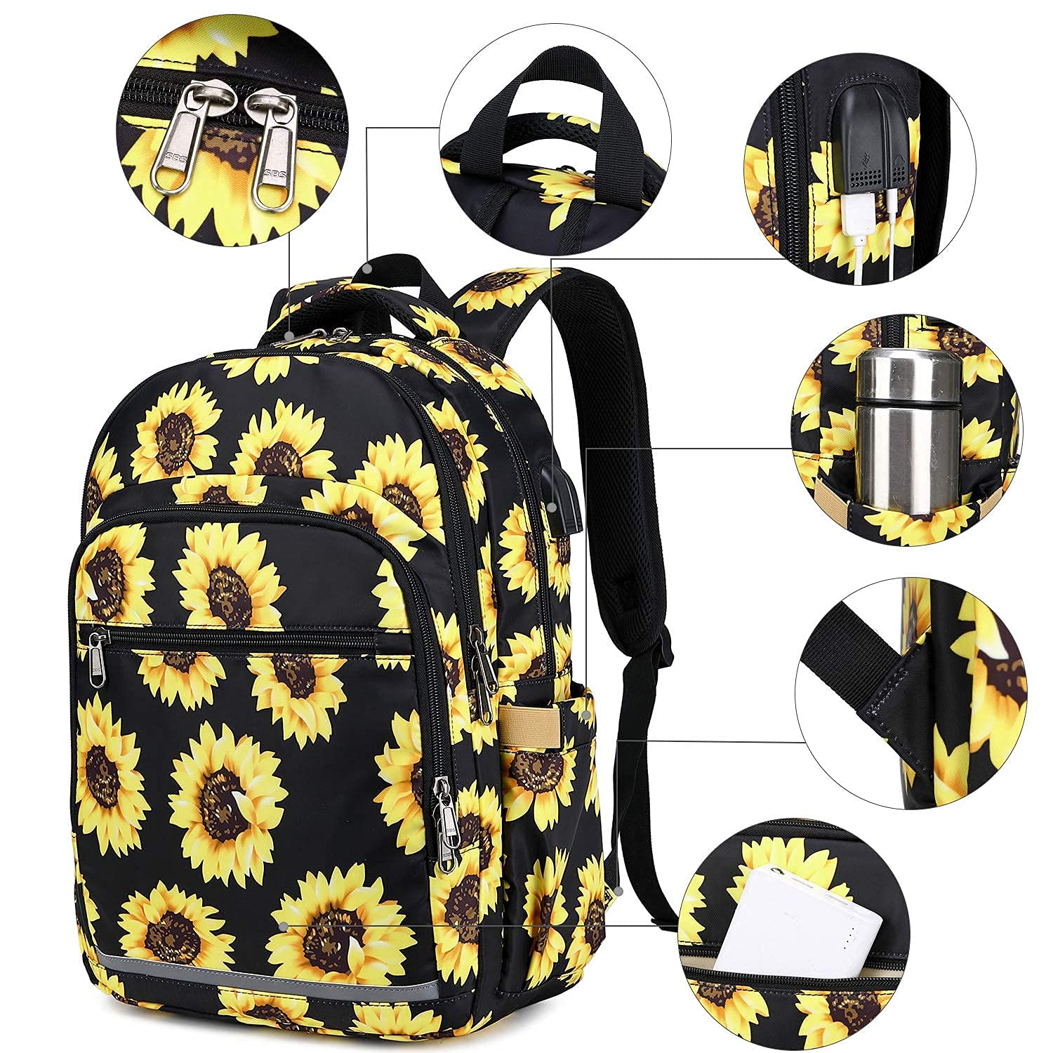 Stylish Floral Backpack for Women - 15.6 Inch Laptop Bookbag with USB Charging Port & Headphone Jack, Waterproof College Backpack for Business Travel, School & Daily Commute | Sunflower Design Daypack for Work & Outdoor Activities