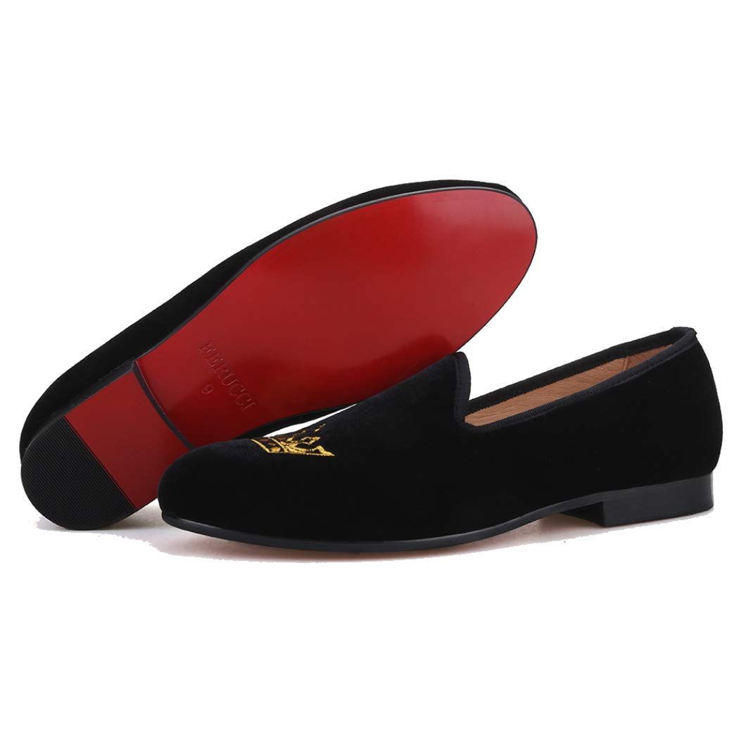 FERUCCI Men's Black Velvet Loafers Slippers with Gold Crown Embellishment - Comfortable House Shoes for Wedding, Prom, and Casual Wear