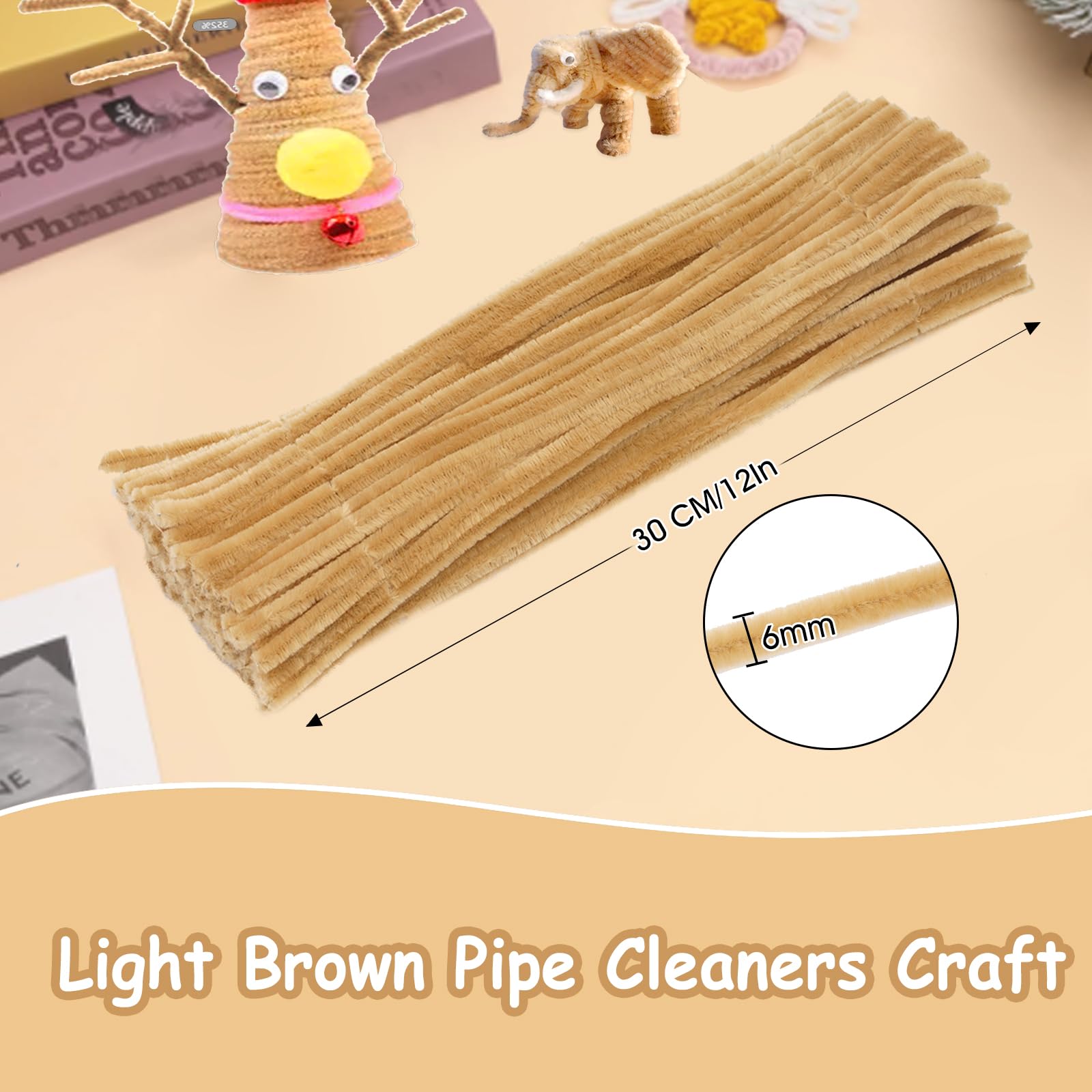 FirstKitchen 100pcs Light Brown Pipe Cleaners for DIY Crafts - 0.23x12 Inch Soft Chenille Stems for Floral Arrangements, School Projects, and Kids Art Activities