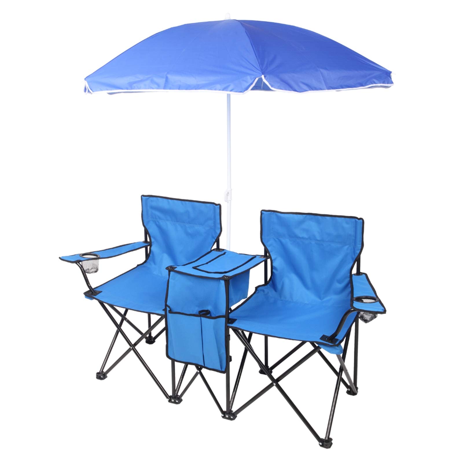 JYOSTORE Double Folding Picnic Chairs with Umbrella & Mini Table - Portable Outdoor Camping Chairs with Beverage Holder & Carrying Bag - Perfect for Beach, Patio, Pool, Park & Backyard Relaxation (Blue)