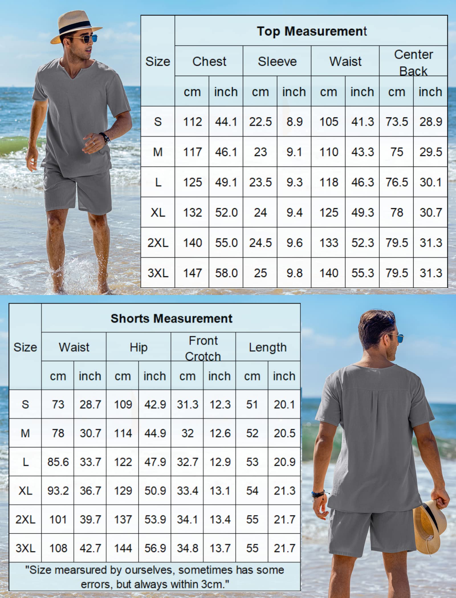 COOFANDY Men's 2-Piece Cotton Linen Summer Outfit - Short Sleeve V-Neck Shirt & Drawstring Casual Pants with Pockets | Beachwear, Vacation, Lounge & Street Style Fashion