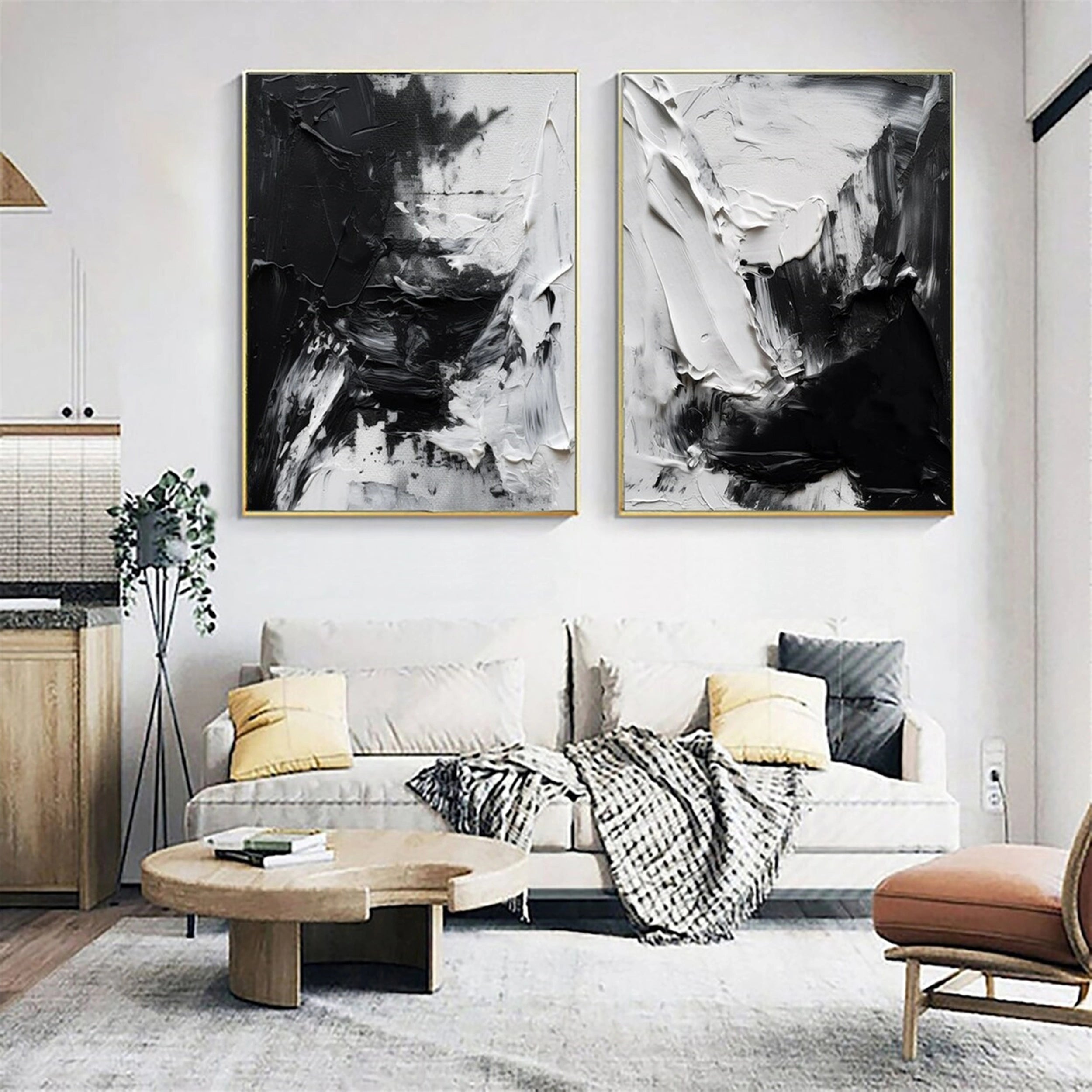 Black and White Textured Minimalist Wall Art Set of 2 - Modern Abstract Canvas Prints for Living Room, Bedroom & Office Decor #MZ064