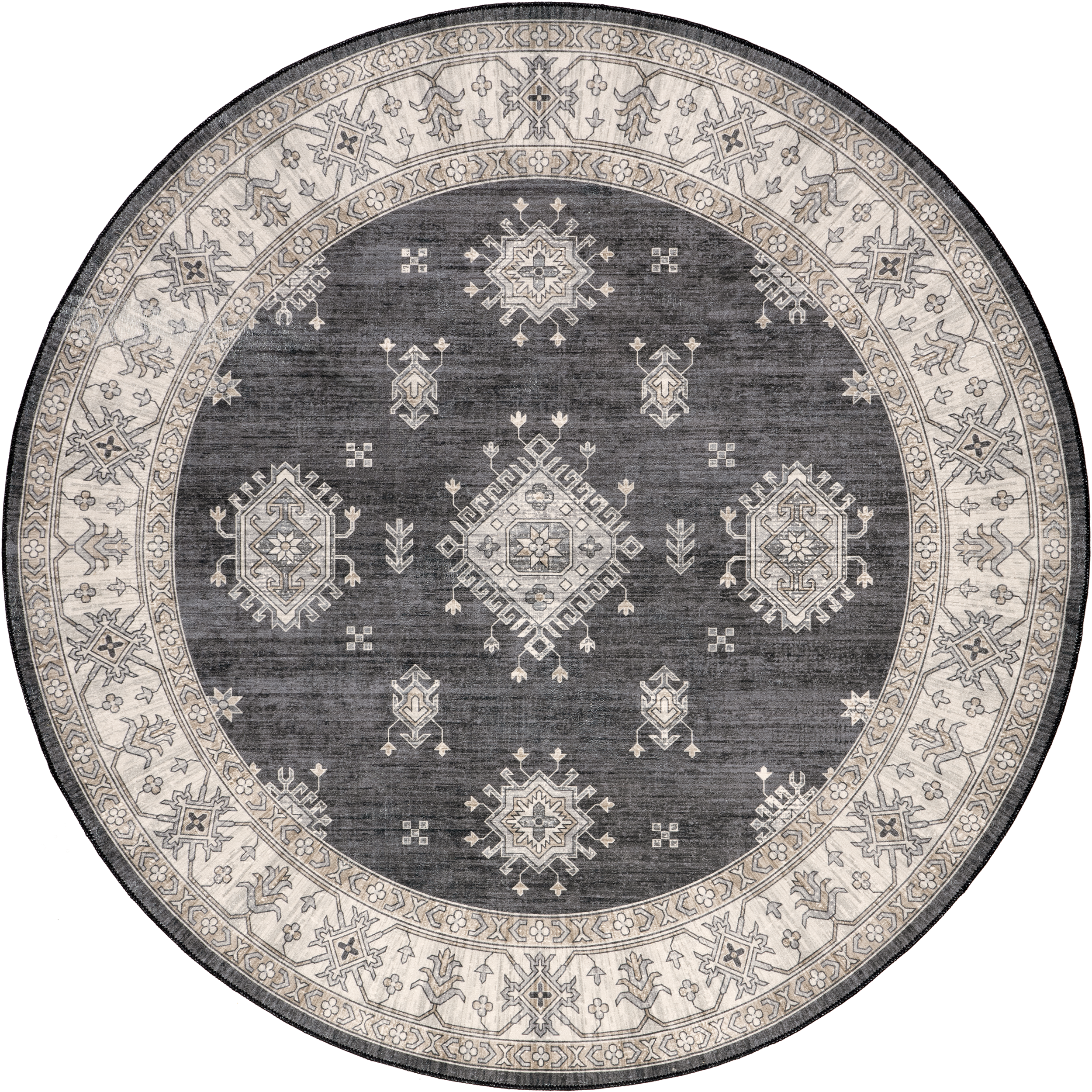 Andrea Bordered Washable Rug - Soft Non-Slip Indoor/Outdoor Carpet - Charcoal Grey - Perfect for Living Room, Bedroom, Patio & Entryway