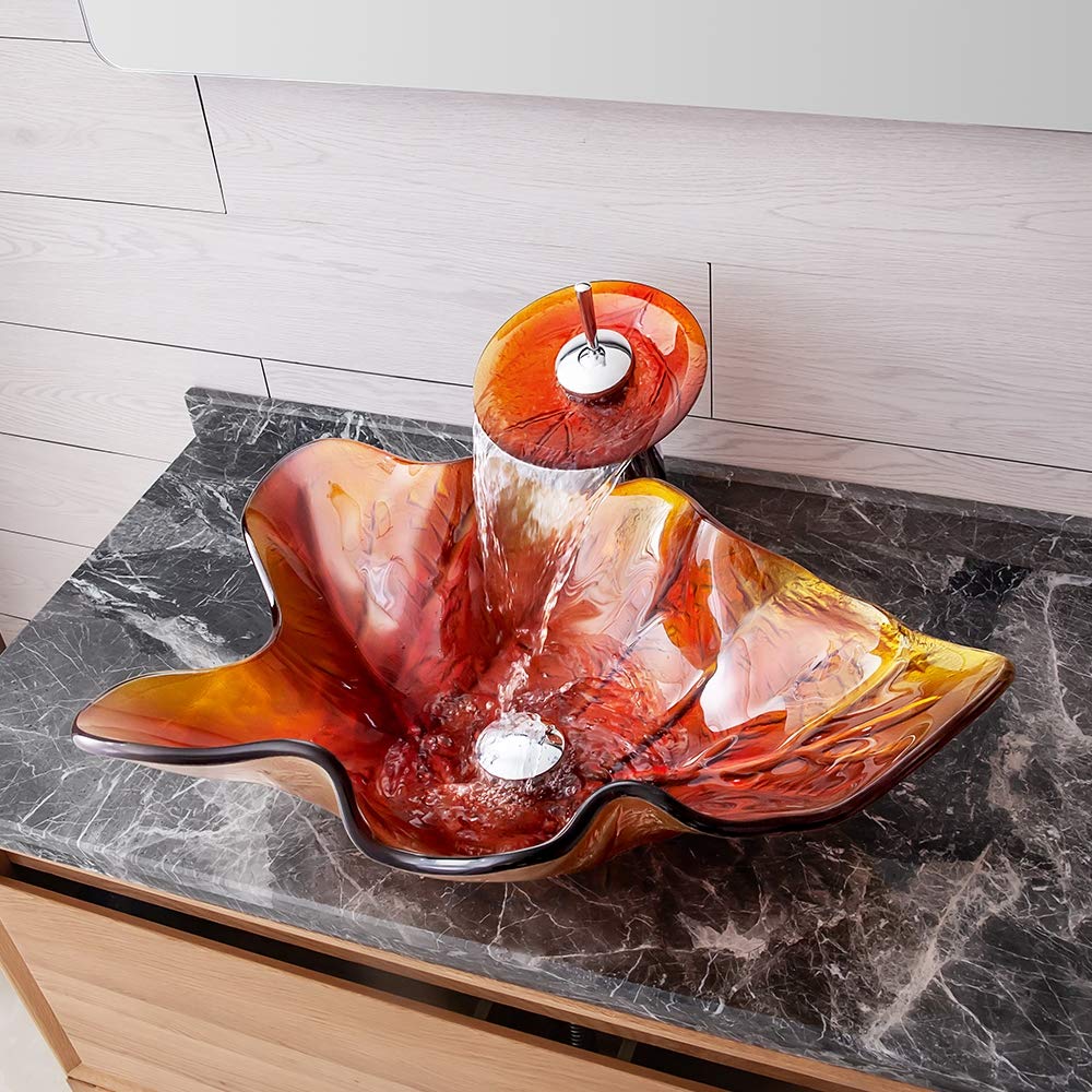 Modern Maple Leaf Shaped Tempered Glass Bathroom Vessel Sink with Waterfall Faucet - Countertop Installation, Artistic Vanity Sink with Pop-Up Drain (Orange) - Perfect for Contemporary Bathrooms, Spa Retreats & Luxury Home Decor
