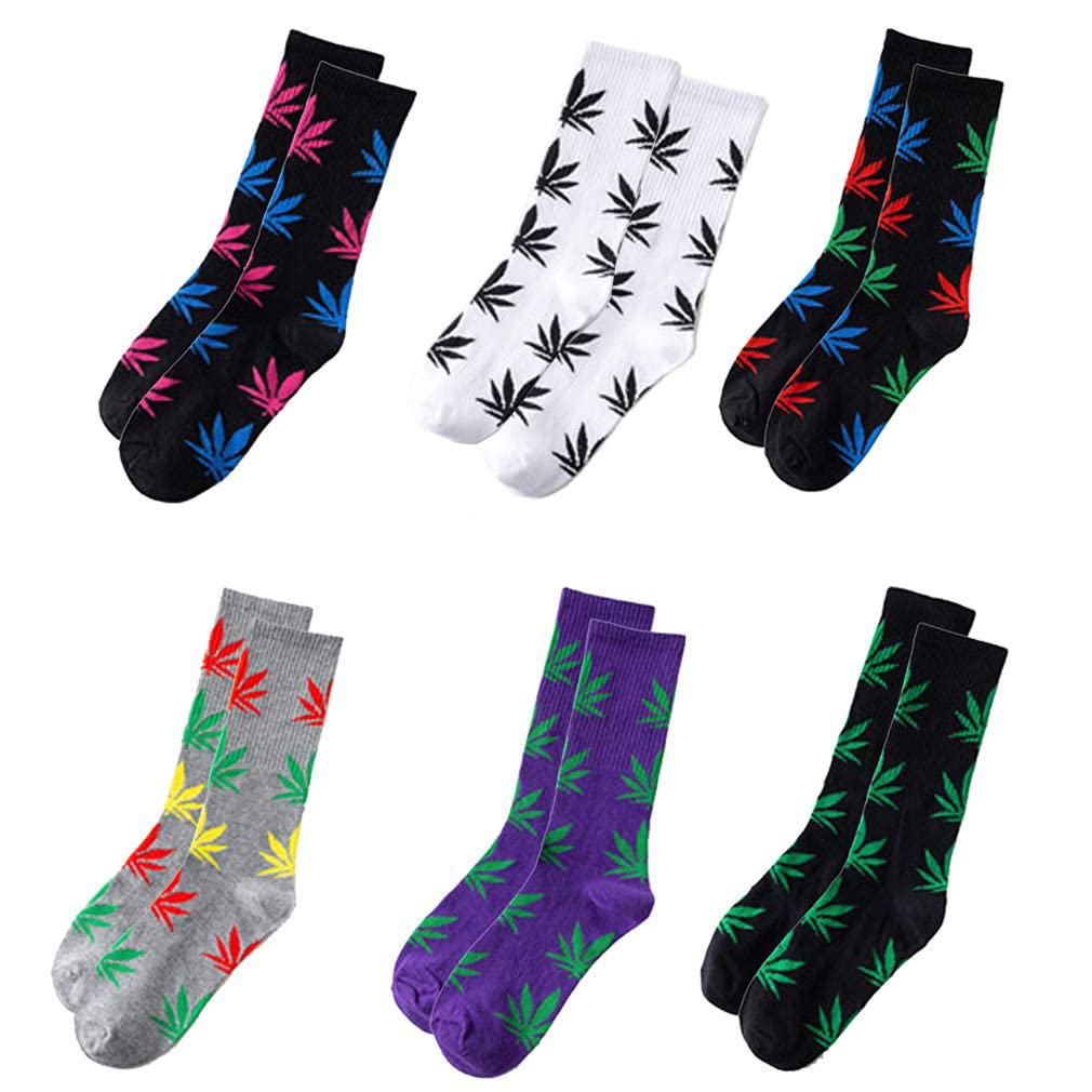 ASWER Women's 6-Pack Weed Leaf Print Cotton Athletic Crew Socks - Comfortable High Socks for Running, Yoga & Casual Wear