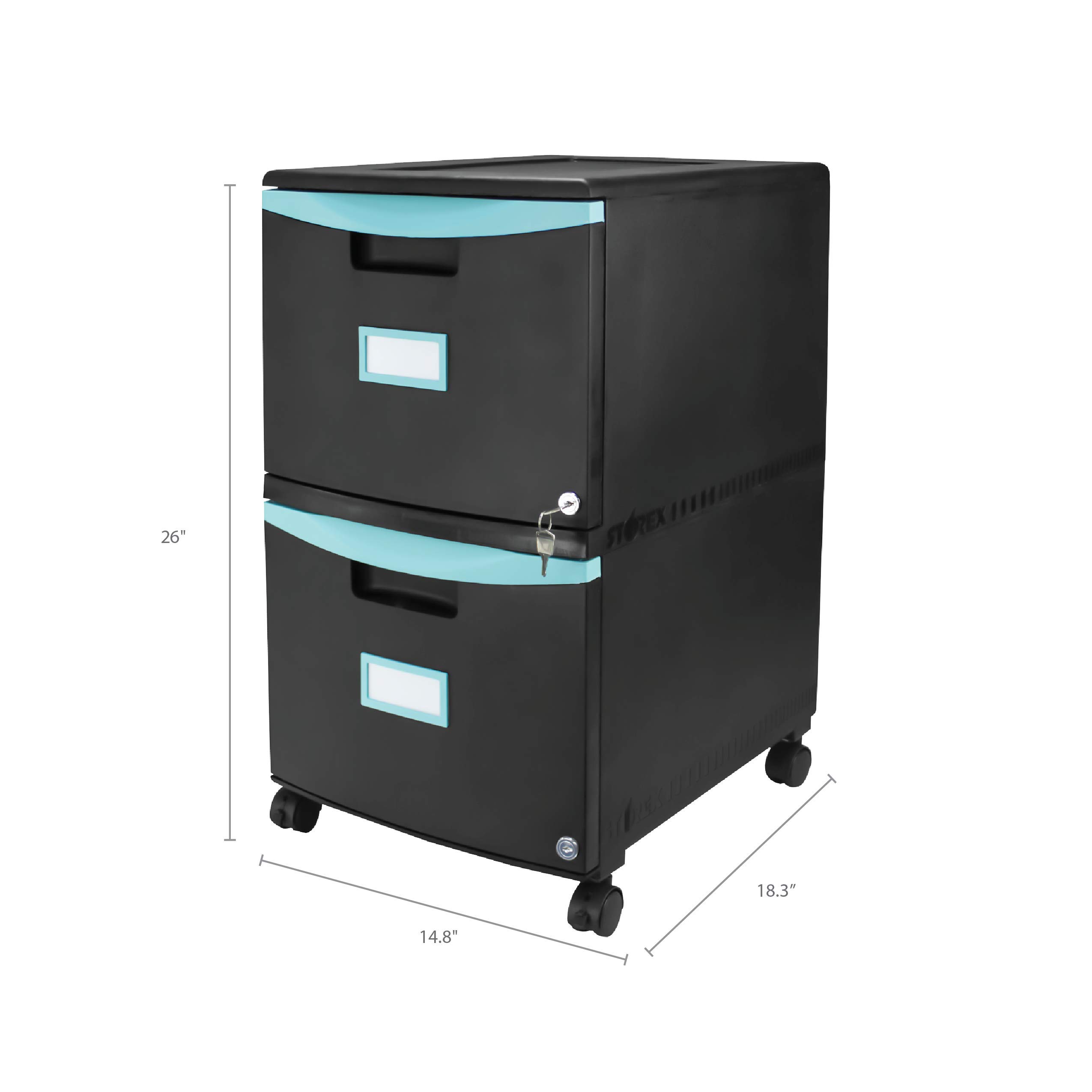 Storex Plastic Two-Drawer File Cabinet with Lock - Mobile Document Organizer for Home Office, Black (61315U01C) - Secure Storage for Files, Folders & Office Supplies