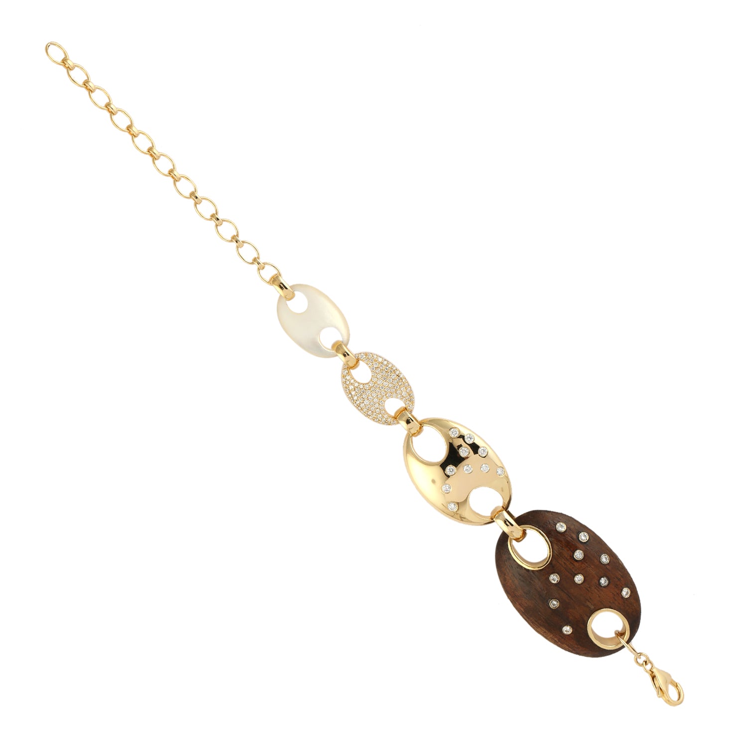 14K Yellow Gold Bezel Diamond Oval Mother of Pearl Wood Bracelet - Adjustable & Flexible Design for Women's Fashion & Special Occasions
