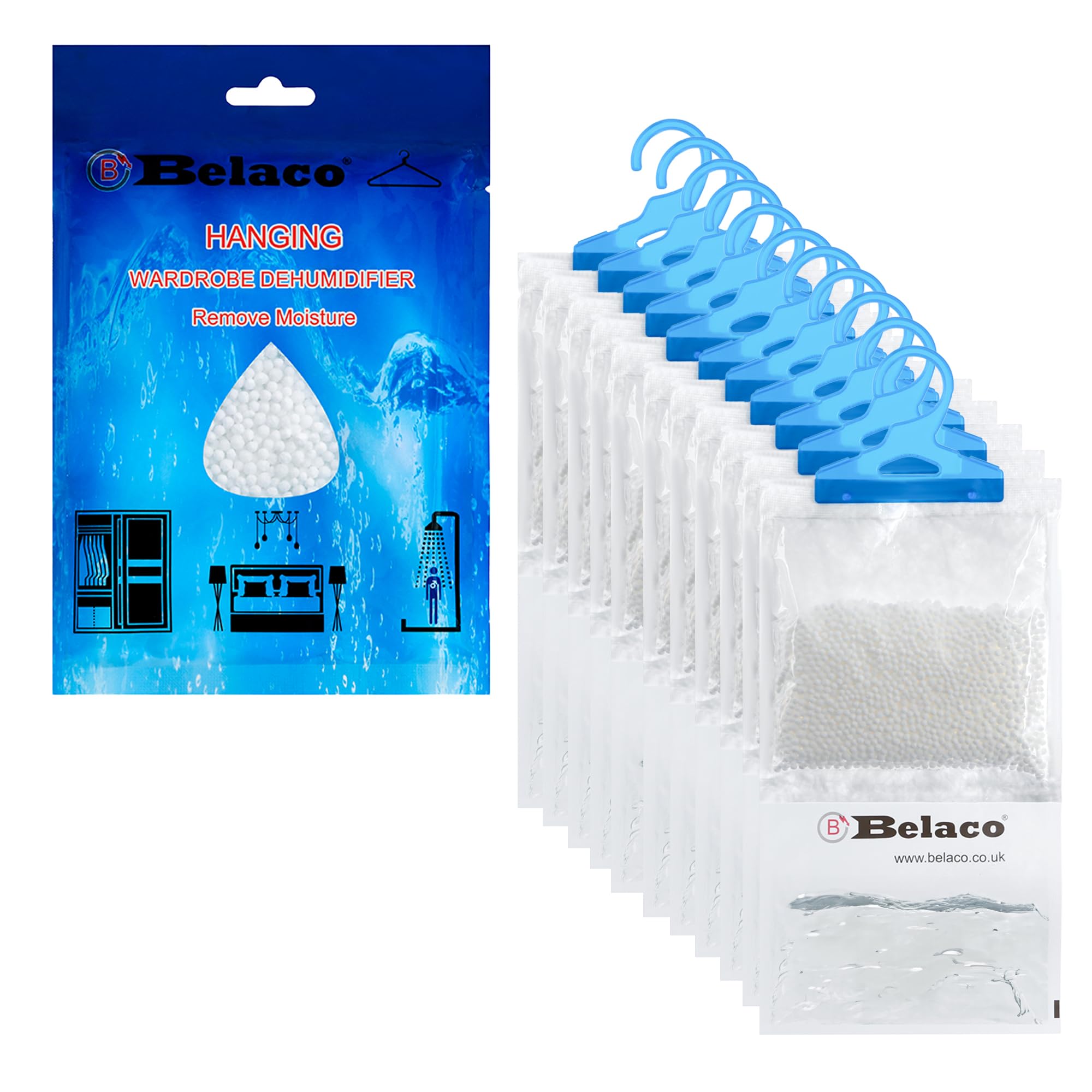 12 Pack Belaco Hanging Dehumidifiers - 230g Moisture Absorber Bags for Home, Eliminates Damp & Condensation in Bedroom, Wardrobe, Kitchen, Basement, Office - Perfect for Closets, Bathrooms, RVs and Storage Areas
