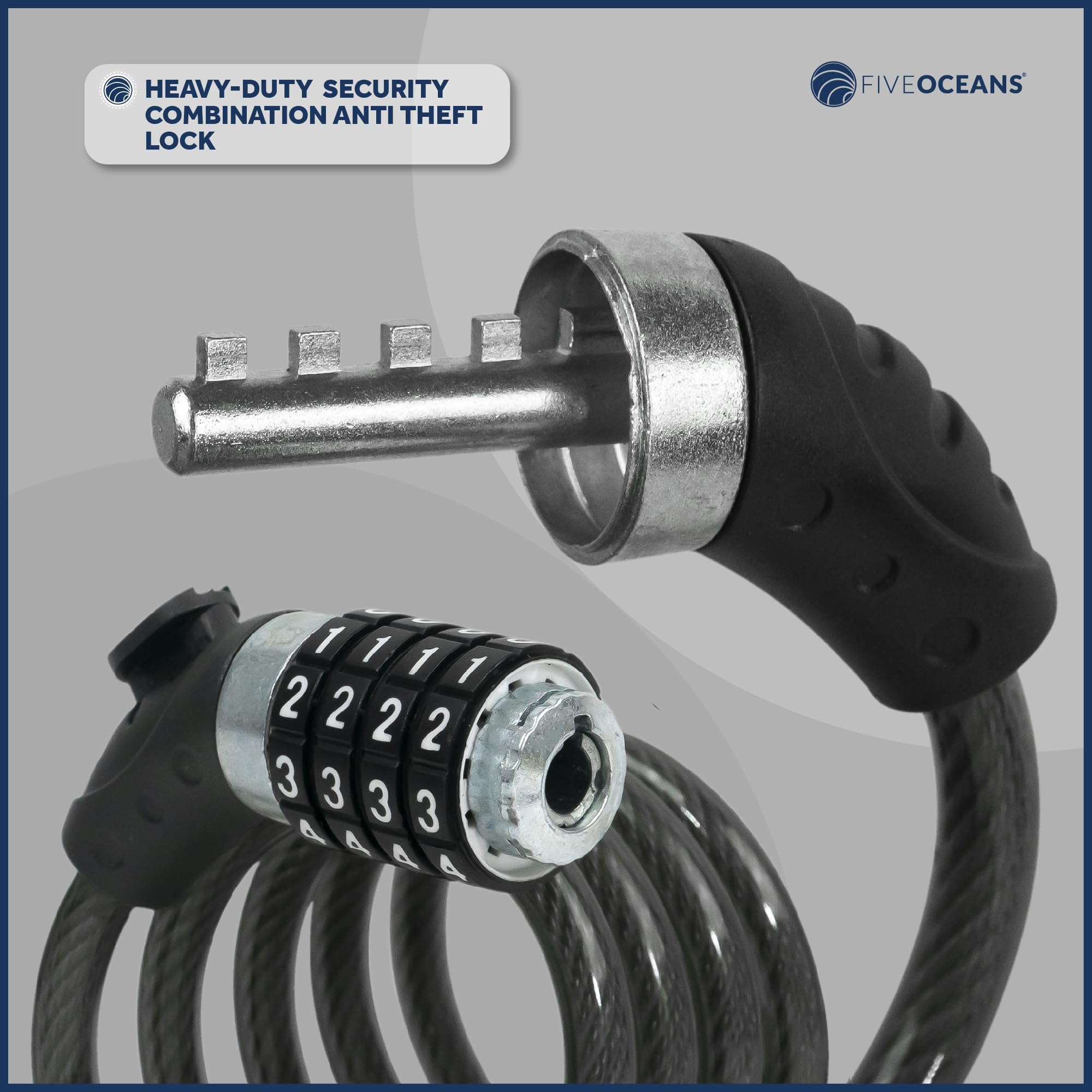 Five Oceans Heavy Duty Combination Bike Lock - 4ft Anti-Theft Security Cable with Resettable Code & Mounting Bracket for Bicycle, Motorcycle, Door, Gate, Fence | Perfect for Urban Commuting, Outdoor Adventures & Home Security - FO3957