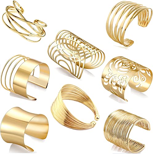 FINZOR 8 Pcs Gold Wire Cuff Bangle Bracelets for Women - Adjustable Open Wide Wrap Wrist Cuff Bracelet Set - Perfect for Parties, Weddings & Everyday Fashion Accessories