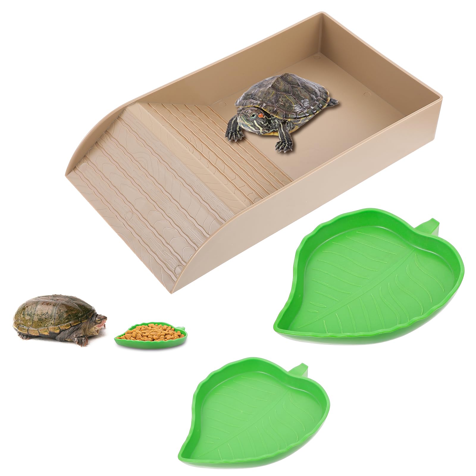 3pcs Tortoise Food Dish with Ramp & Basking Platform - Leaf-Shaped Reptile Water & Food Bowls for Turtles, Amphibians - Perfect for Aquatic & Land Reptile Habitats, Terrariums & Outdoor Enclosures