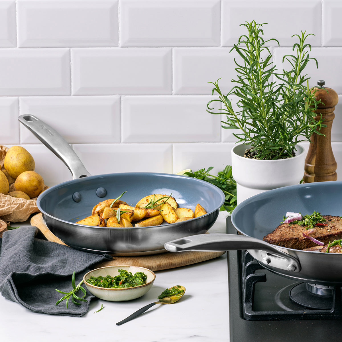 Premium Treviso Ceramic Nonstick Stainless Steel Fry Pan Set - 9.5