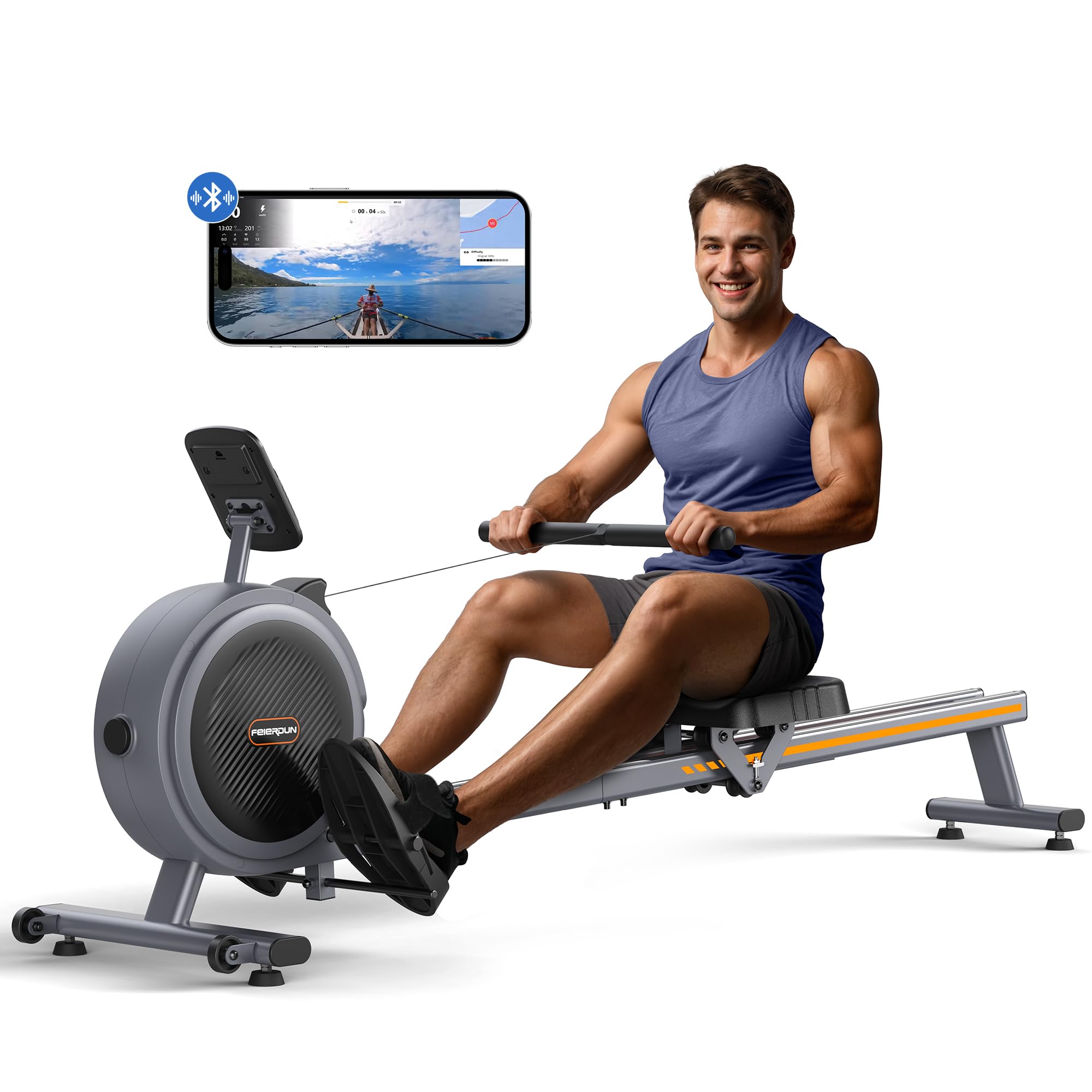 FEIERDUN Magnetic Rowing Machine for Home - 350LBS Weight Capacity, Dual Slide Rail, Bluetooth APP Connectivity - Perfect for Home Gym, Cardio Workouts & Full Body Training