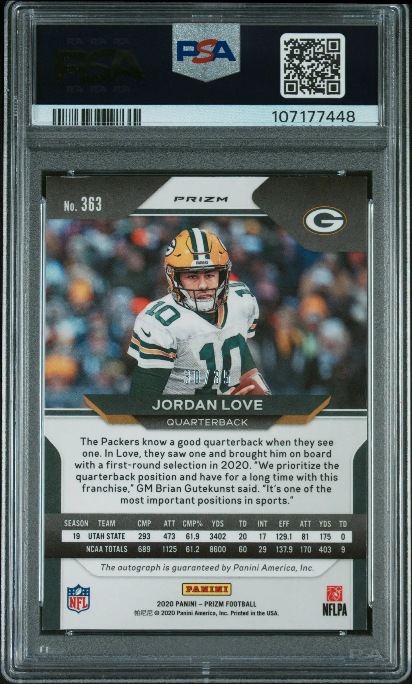 2020 Panini Prizm Football Jordan Love Rookie Card Red Shimmer Auto PSA Authenticated /35 - Perfect for Sports Collectors, Investment & Memorabilia Displays
