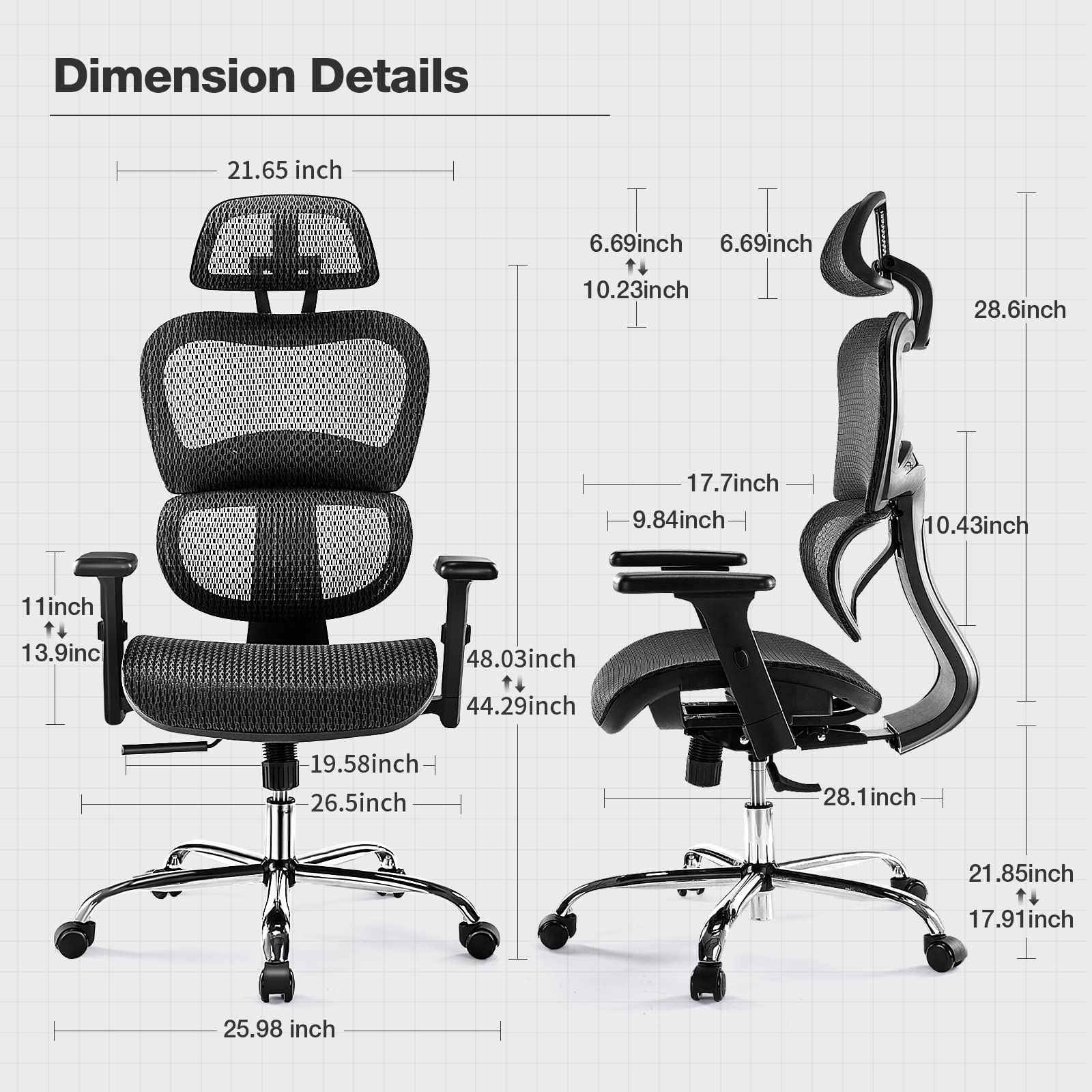 Ergonomic High Back Office Chair with Headrest & Lumbar Support - Adjustable Height Mesh Computer Chair with Swivel Base & Movable Armrests - 300 lbs Weight Capacity - Perfect for Home Office, Gaming & Executive Workspaces