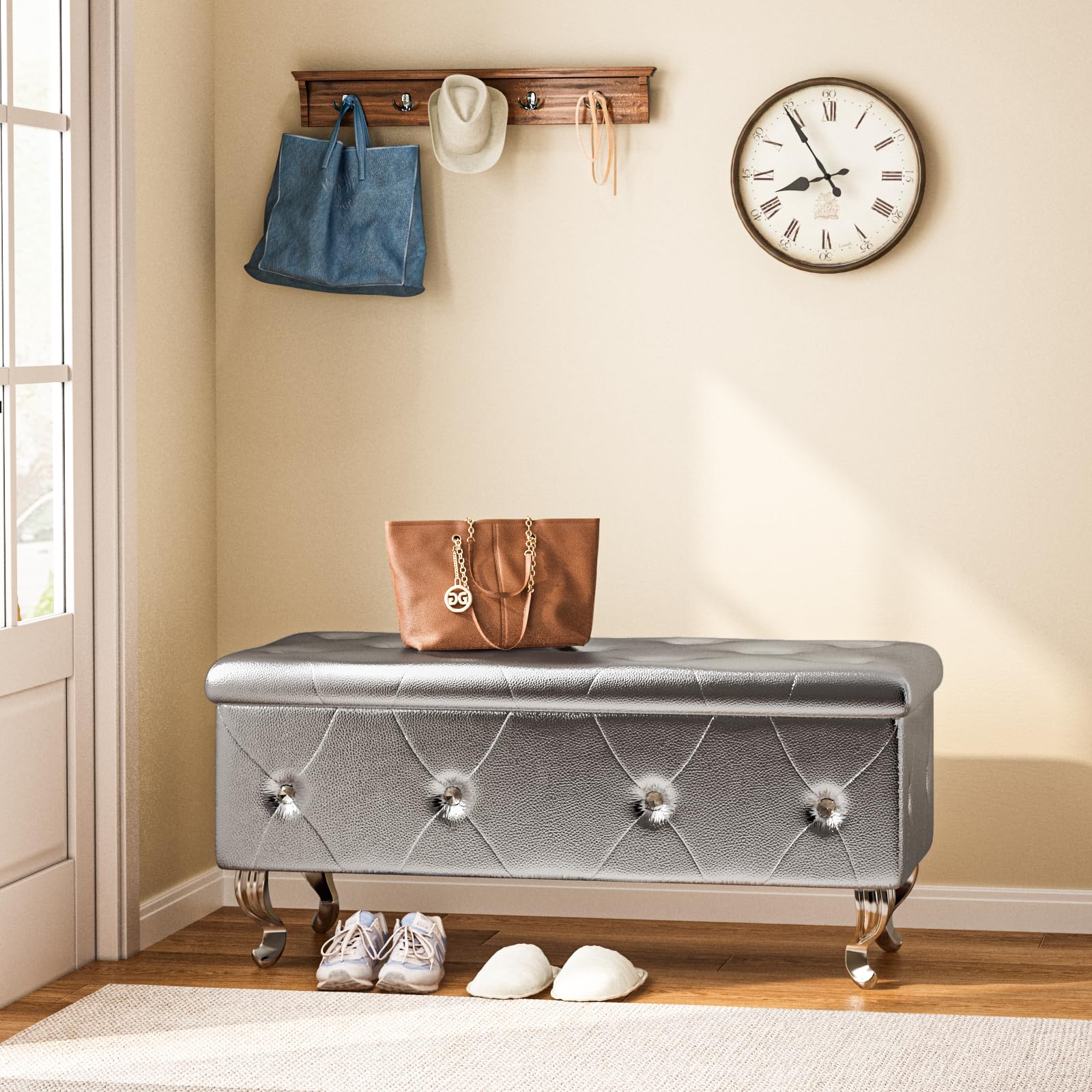 DKLGG Leather Storage Ottoman Bench with Seating - Upholstered Footrest Stool for Bedroom, Living Room & Entryway - Silver - Perfect for Extra Seating, Shoe Storage & Home Organization