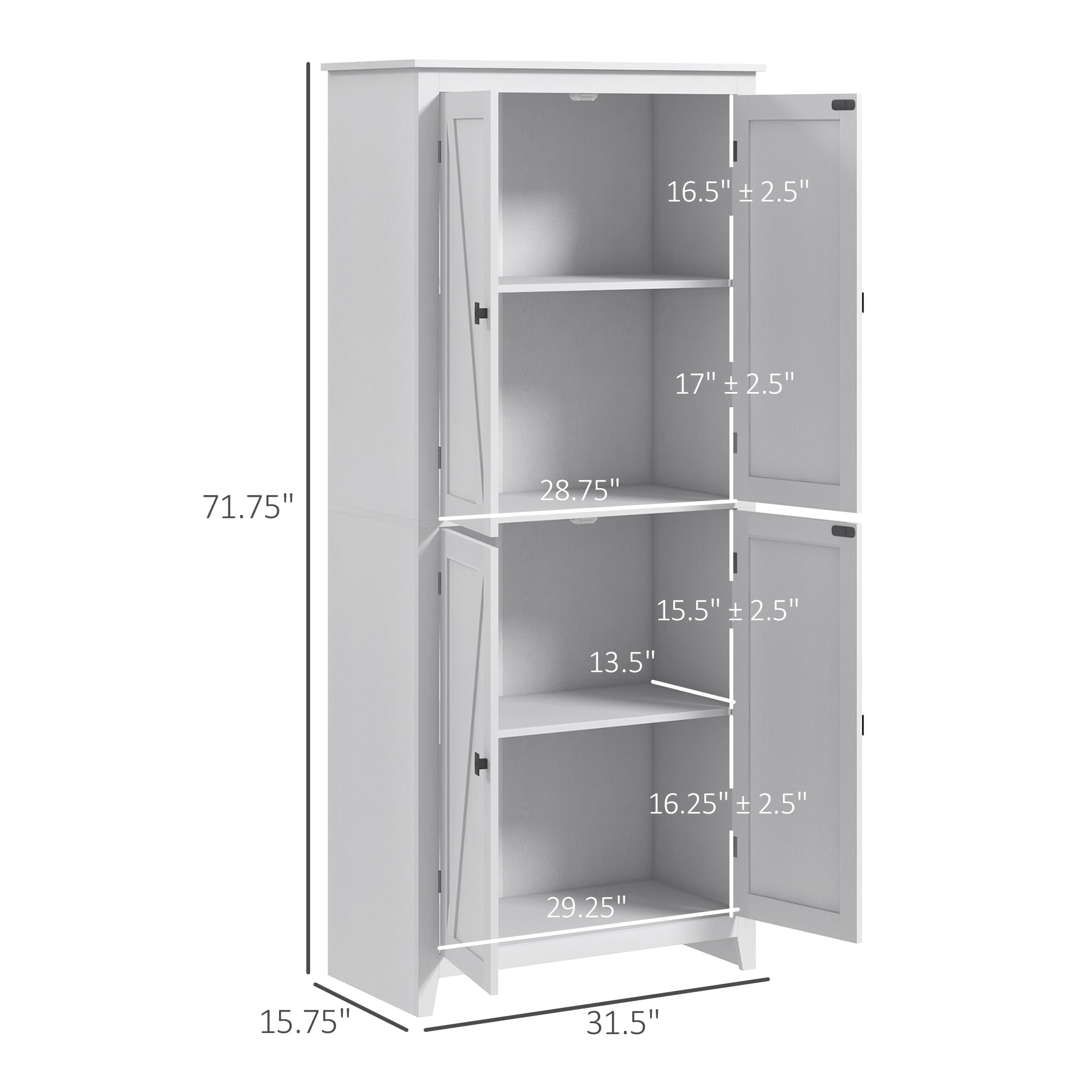 HOMCOM 72 Inch Freestanding Kitchen Pantry Cabinet - Farmhouse Style Tall Storage Cabinet with 4 Doors & Adjustable Shelves for Dining Room, Living Room, Kitchen - White Organizer for Food, Dishes & Home Essentials