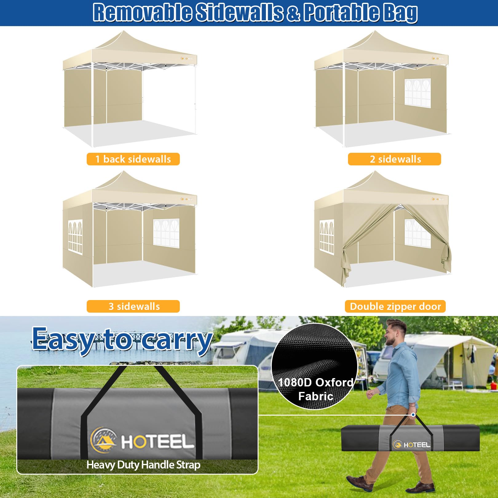 HOTEEL 10x10 Pop Up Canopy Tent - Heavy Duty Instant Gazebo with 4 Sidewalls & Sand Bags | Easy Setup Hexagonal Frame Commercial Tent for Outdoor Weddings, Parties, Events | Includes Portable Carry Bag (Khaki) - Perfect for Backyard Gatherings, Farmers Markets & Beach Outings