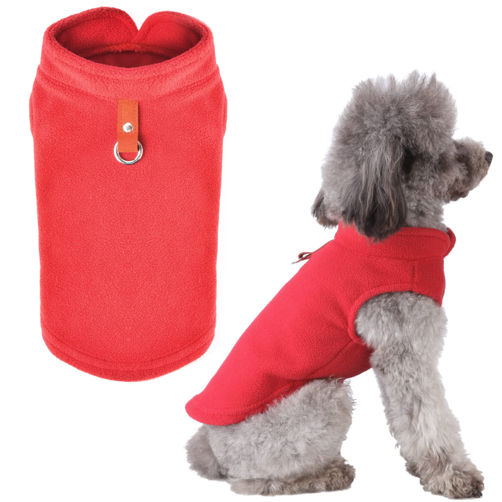 Soft Fleece Dog & Cat Sweater Vest with Leash O-Ring - Warm Winter Pet Pullover Coat for Small Breeds (Chihuahua, Shih Tzu) - Cozy Puppy & Kitten Apparel in Red - Perfect for Cold Weather Walks & Indoor Comfort