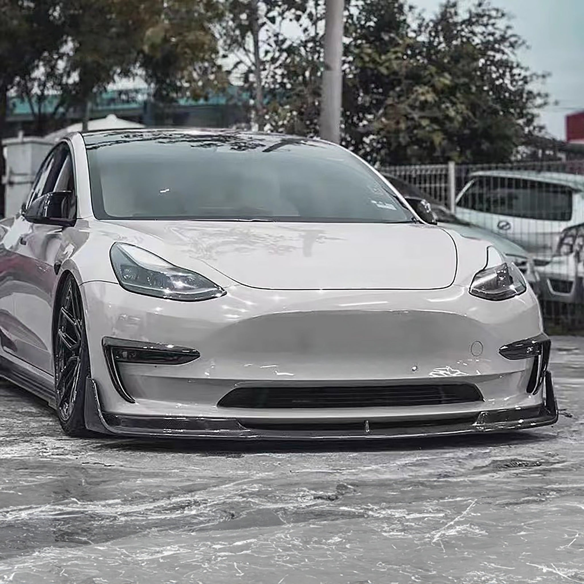 Premium Real Carbon Fiber V-Style Aero Front Lip Spoiler for Tesla Model 3 (2017-2023) - Enhance Style & Aerodynamics for Street & Track Performance