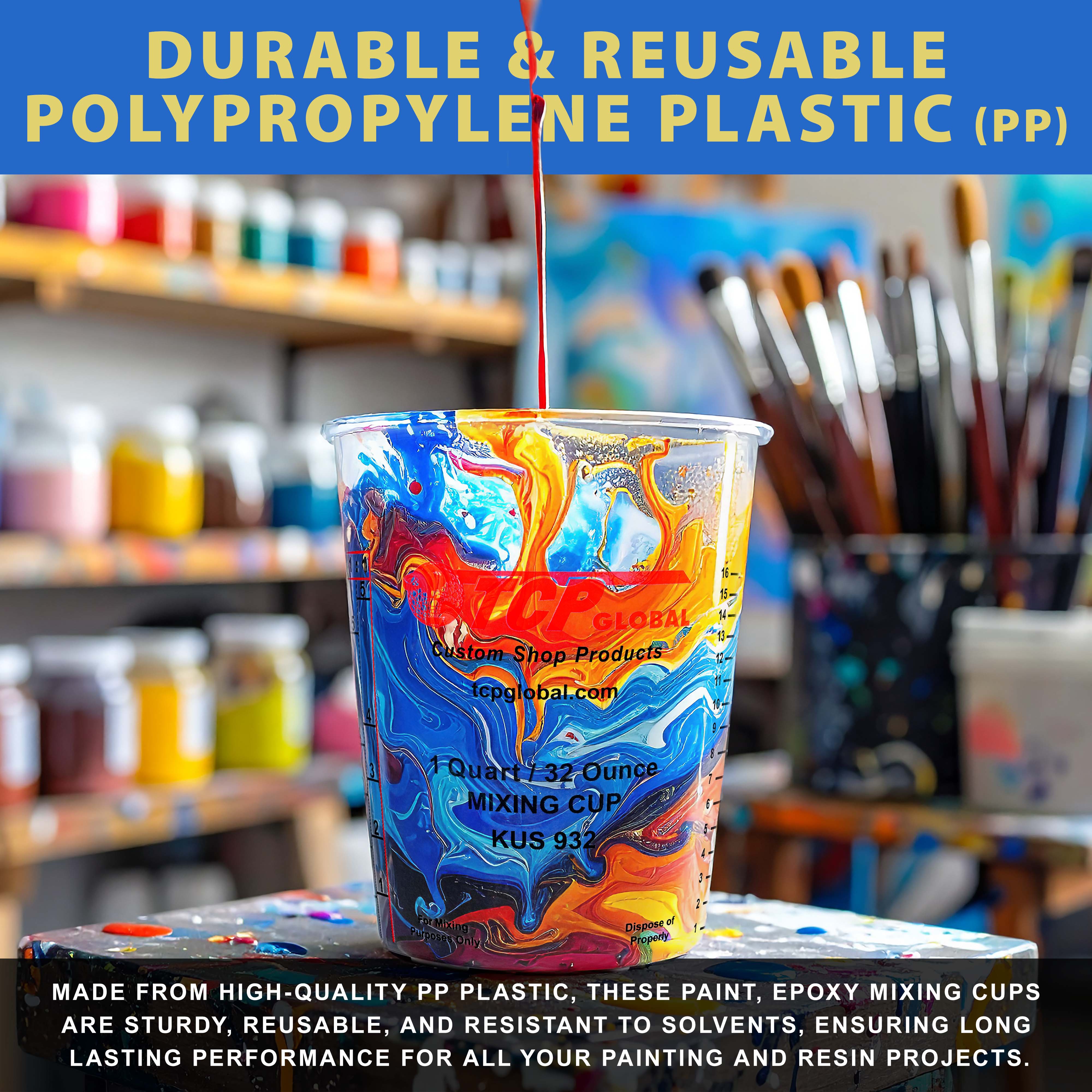 32oz Paint Mixing Cups (36 Pack) - Disposable & Reusable Plastic Measuring Cups for Liquids - Graduated Scale for Automotive Painting, Epoxy Resin, Acrylic Arts & Crafts - Perfect for DIY Projects, Home Renovation & Professional Use