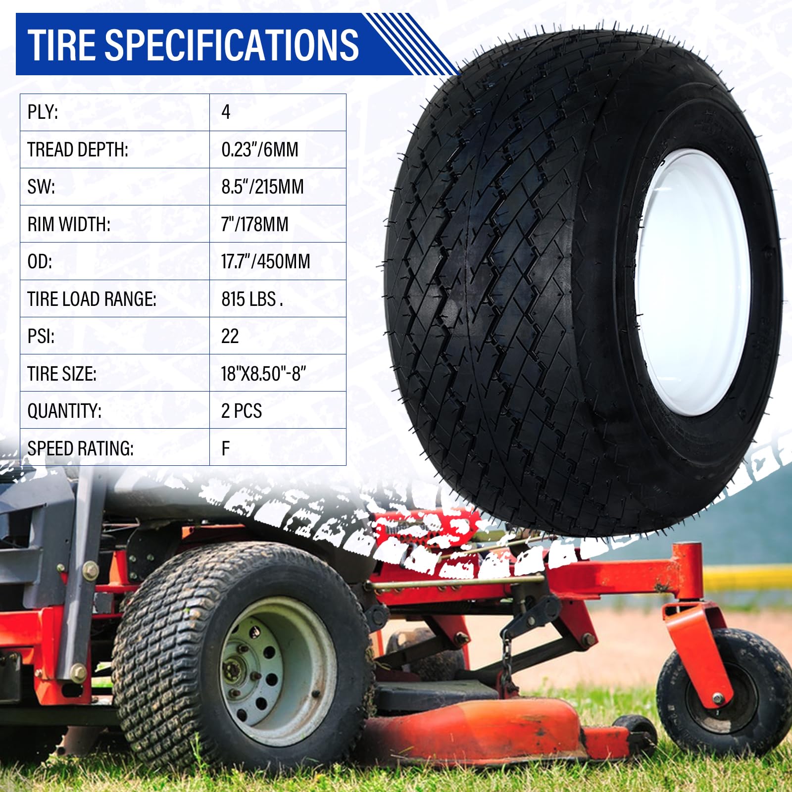 18x8.50-8 Golf Cart Tires and Rims Set of 2 - 4 Ply Load Range B - 4 Lug 4