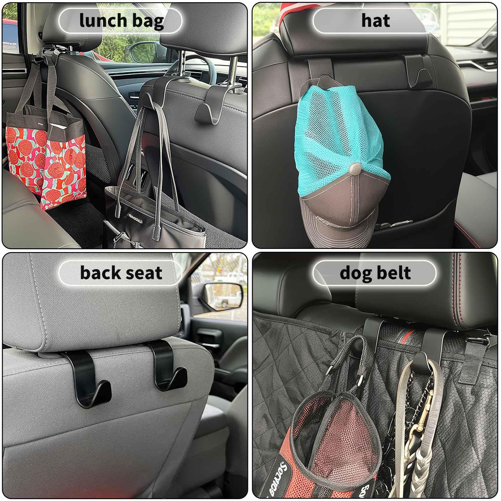 Car Seat Headrest Hooks with Quick-Release Clip - 4 Pack Heavy Duty Bag Hangers for Purses, Groceries, Backpacks & Jackets - Perfect for Road Trips, Shopping & Daily Commute