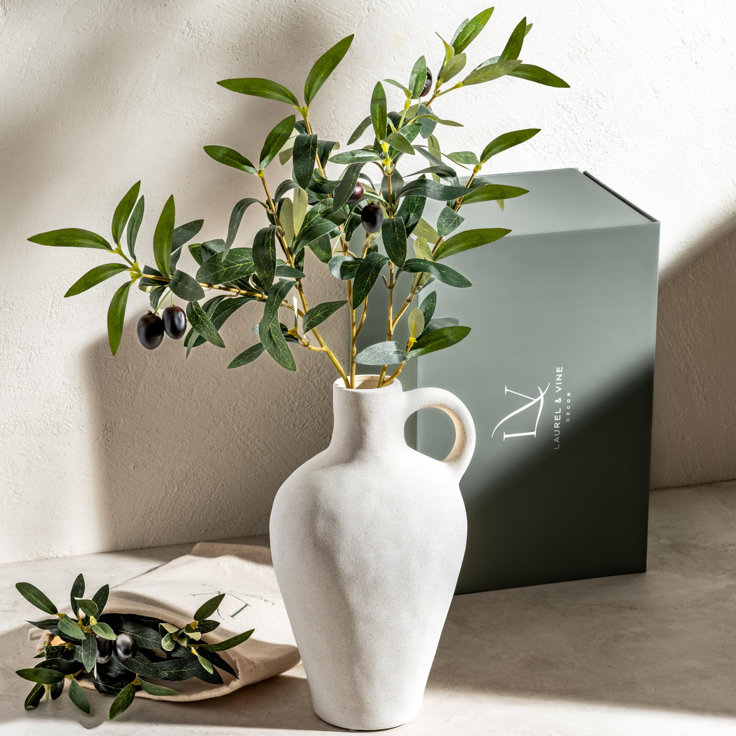 10 Inch Textured Ceramic Vase with 22 Inch Artificial Olive Branches - White Minimalist Home Decor, Fake Plants for Shelf & Office, Luxury Gift Set for Housewarming, Wedding, Birthday (High-End Neutral Decor)