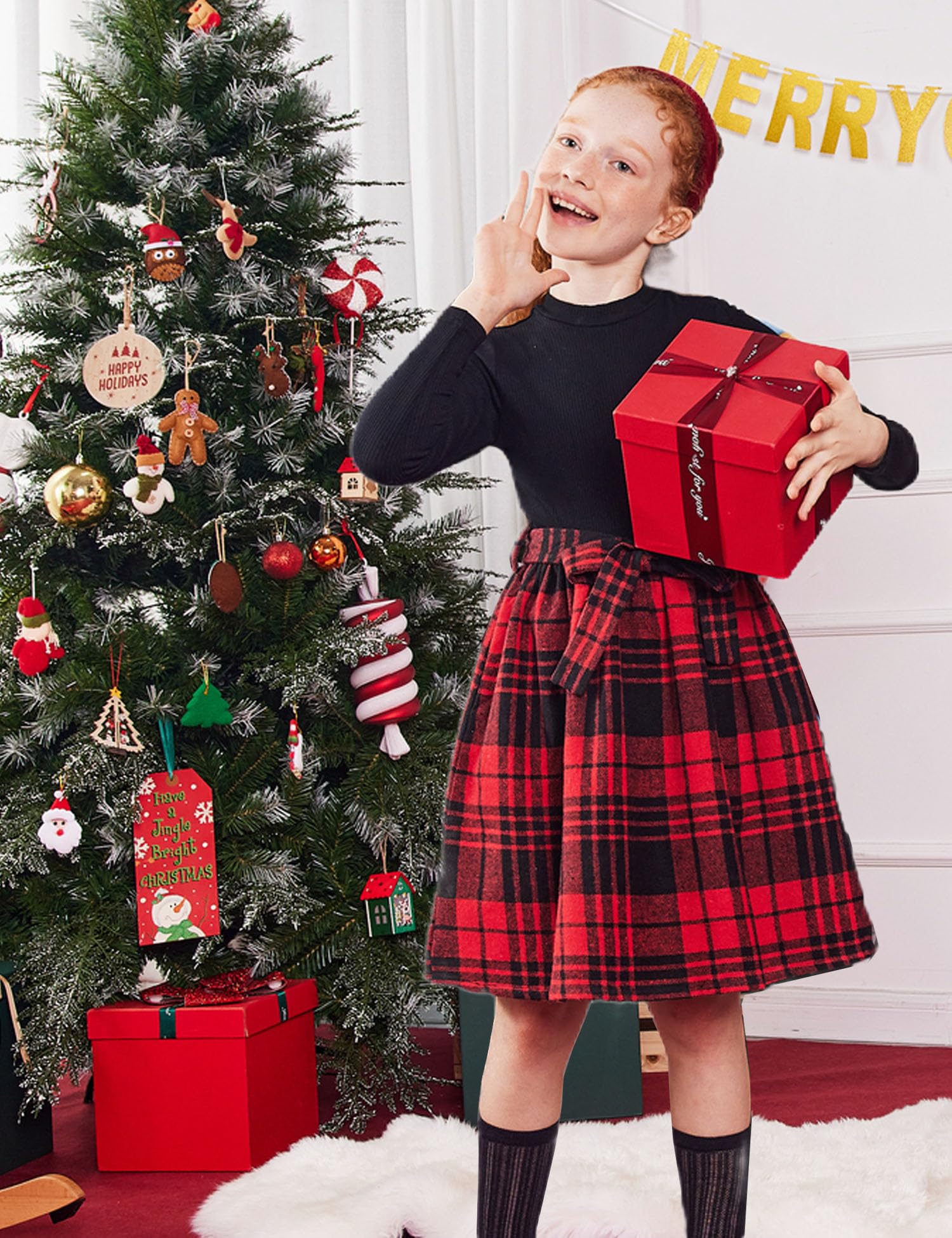 Arshiner Girls Long Sleeve Rib Knit Plaid Patchwork Belted Dress with Pockets - Cute Casual & Party Wear for Toddler and Kids (Ages 3-10) | Perfect for School, Holidays and Special Occasions