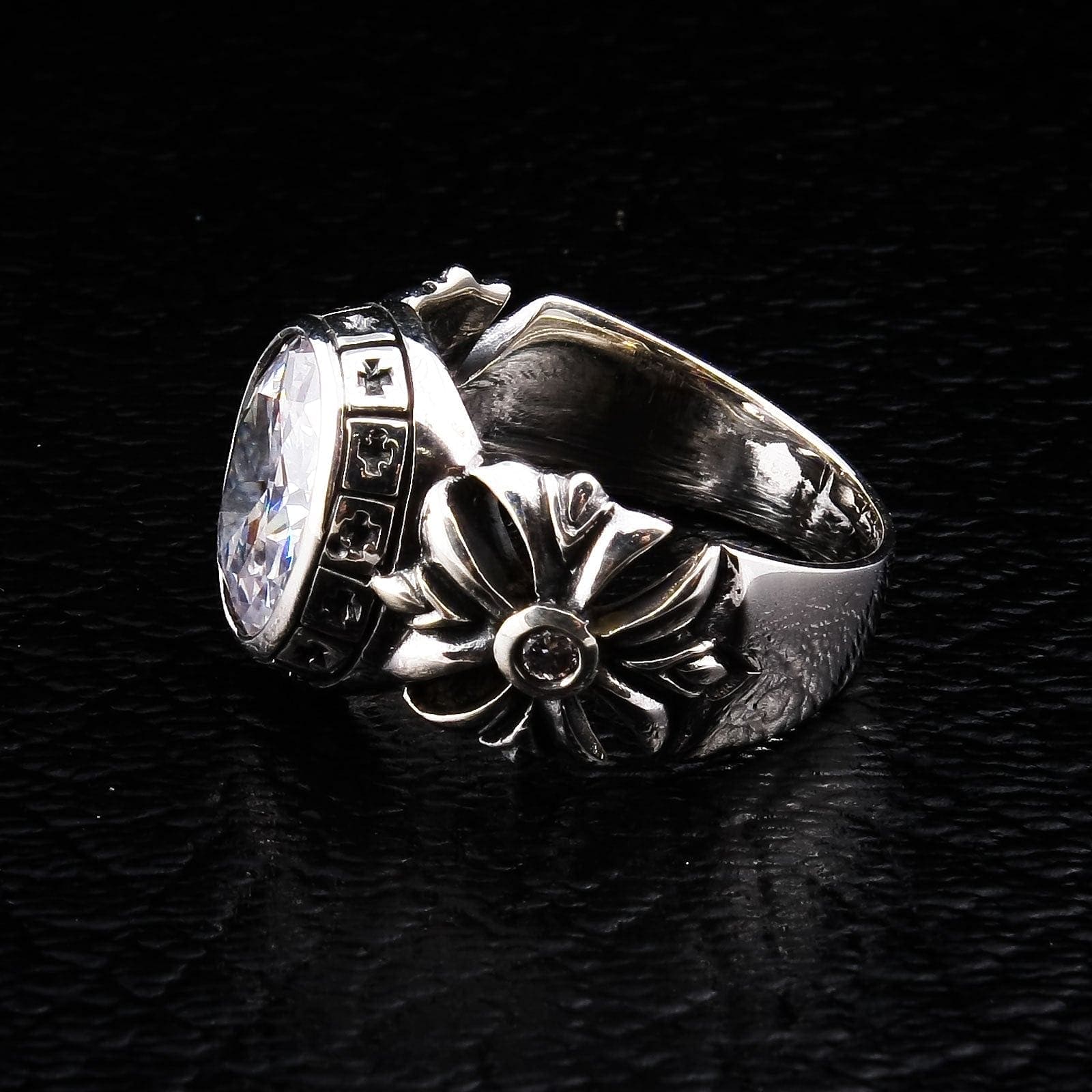Round Diamond White Topaz Cross Sterling Silver Biker Ring for Men & Women - Gothic Punk Jewelry for Motorcycle Riders, Bikers, and Fashion Enthusiasts