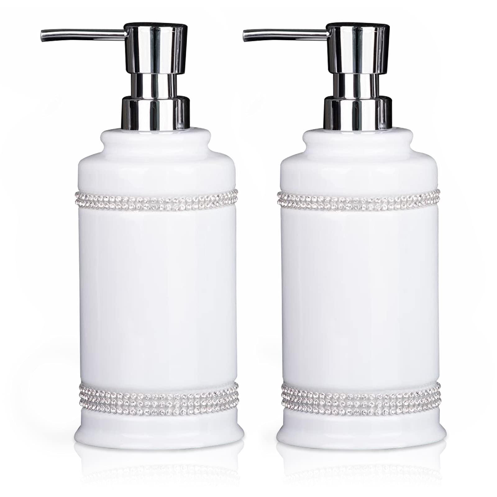 2 Pack White Rhinestone Ceramic Soap Dispenser Set - Refillable Liquid Pump Bottle for Bathroom, Kitchen & Laundry | Elegant Countertop Decor for Hand Dish Soap, Shampoo & Shower Essentials