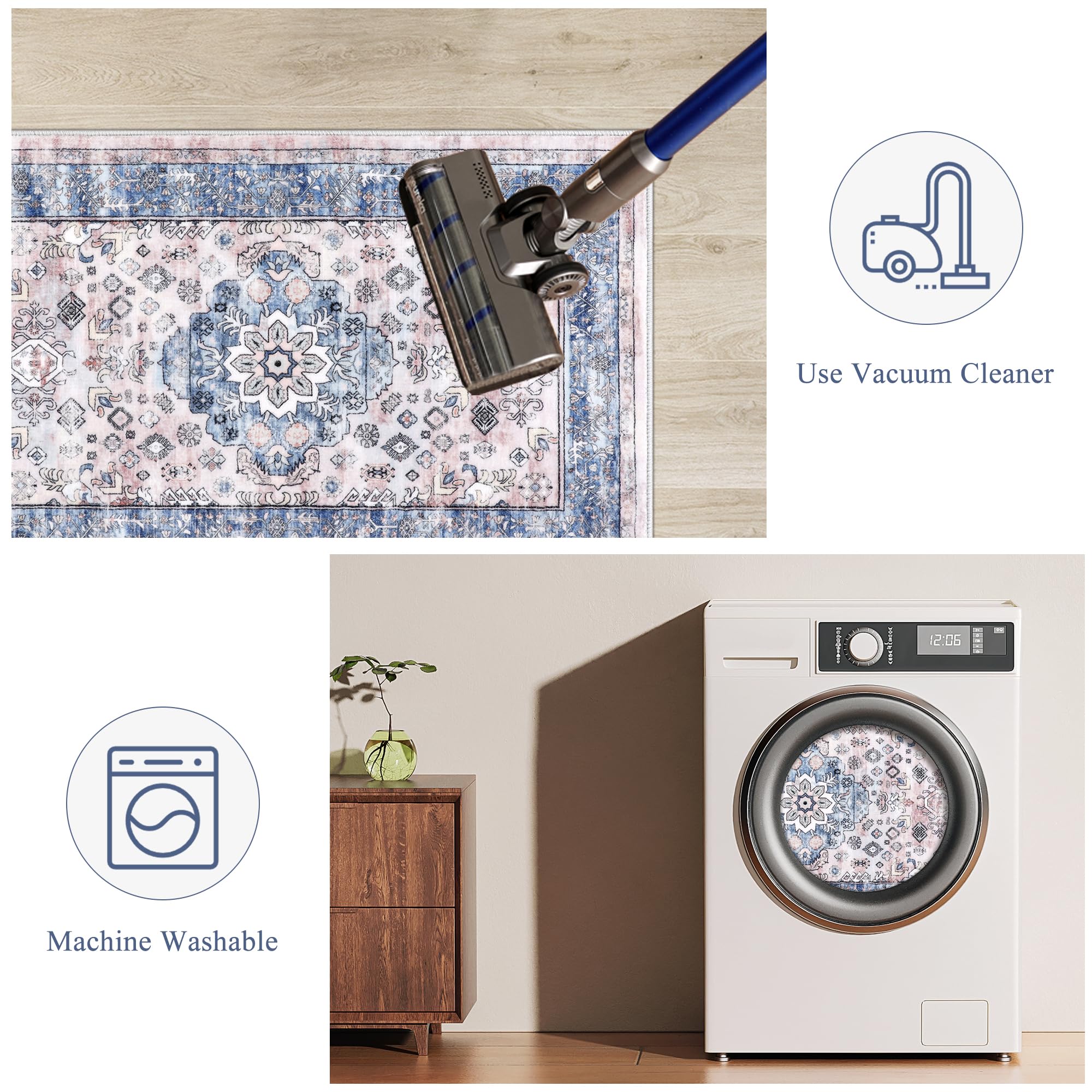 Premium Non-Slip Washable Kitchen Rugs Set of 3 - Farmhouse Style Boho Floor Mats for Kitchen Sink, Hallway & Laundry Room - Anti-Fatigue Cushioned Carpet Runner - Blue Home Decor (Perfect for High-Traffic Areas & Spill-Prone Spaces)