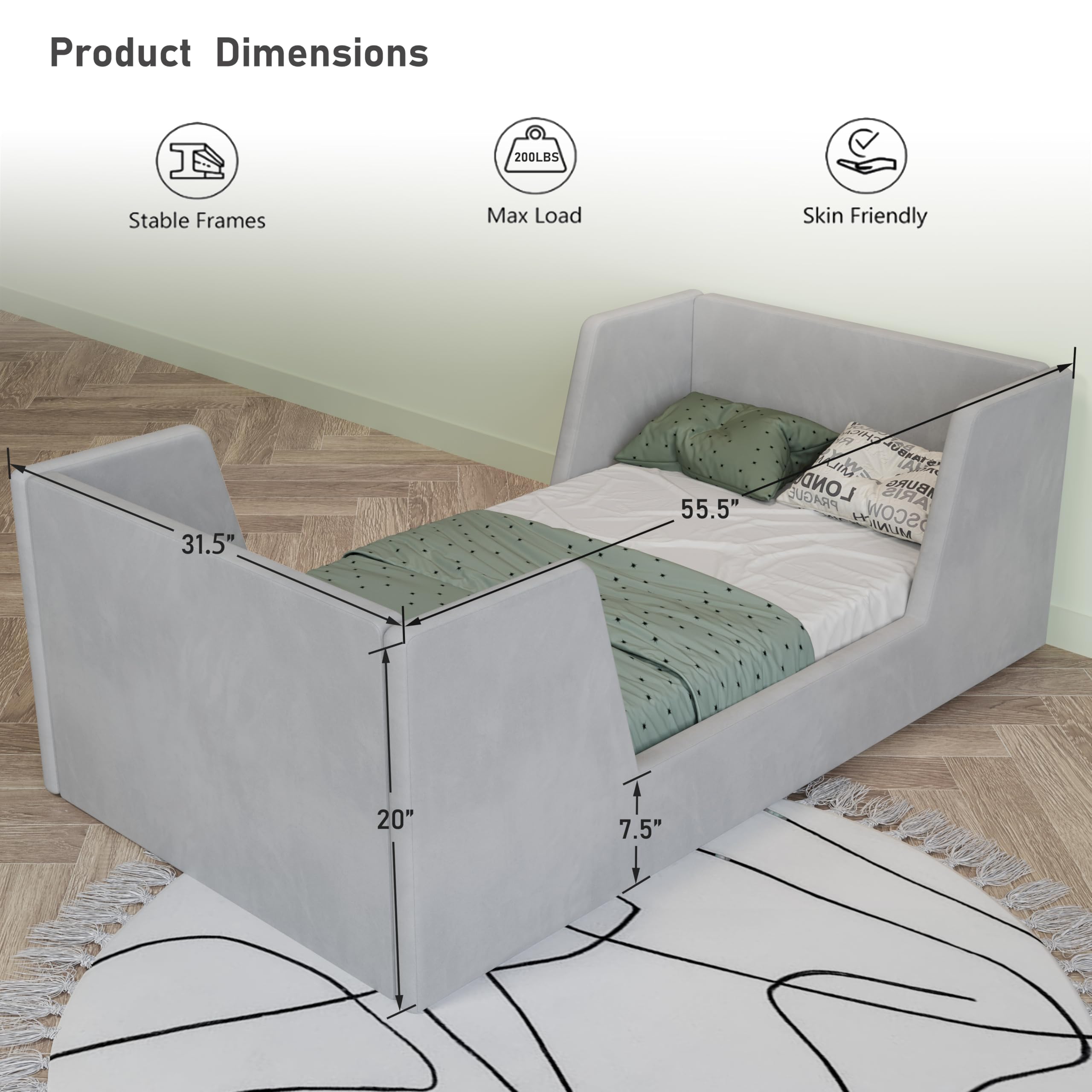 **Toddler Floor Bed Frame with Guard Rails for Kids Ages 2-6 - Safe & Certified Fabric Bed for Boys & Girls - Fits Standard Crib Mattress - Perfect for Montessori Bedrooms & Cozy Nap Spaces**