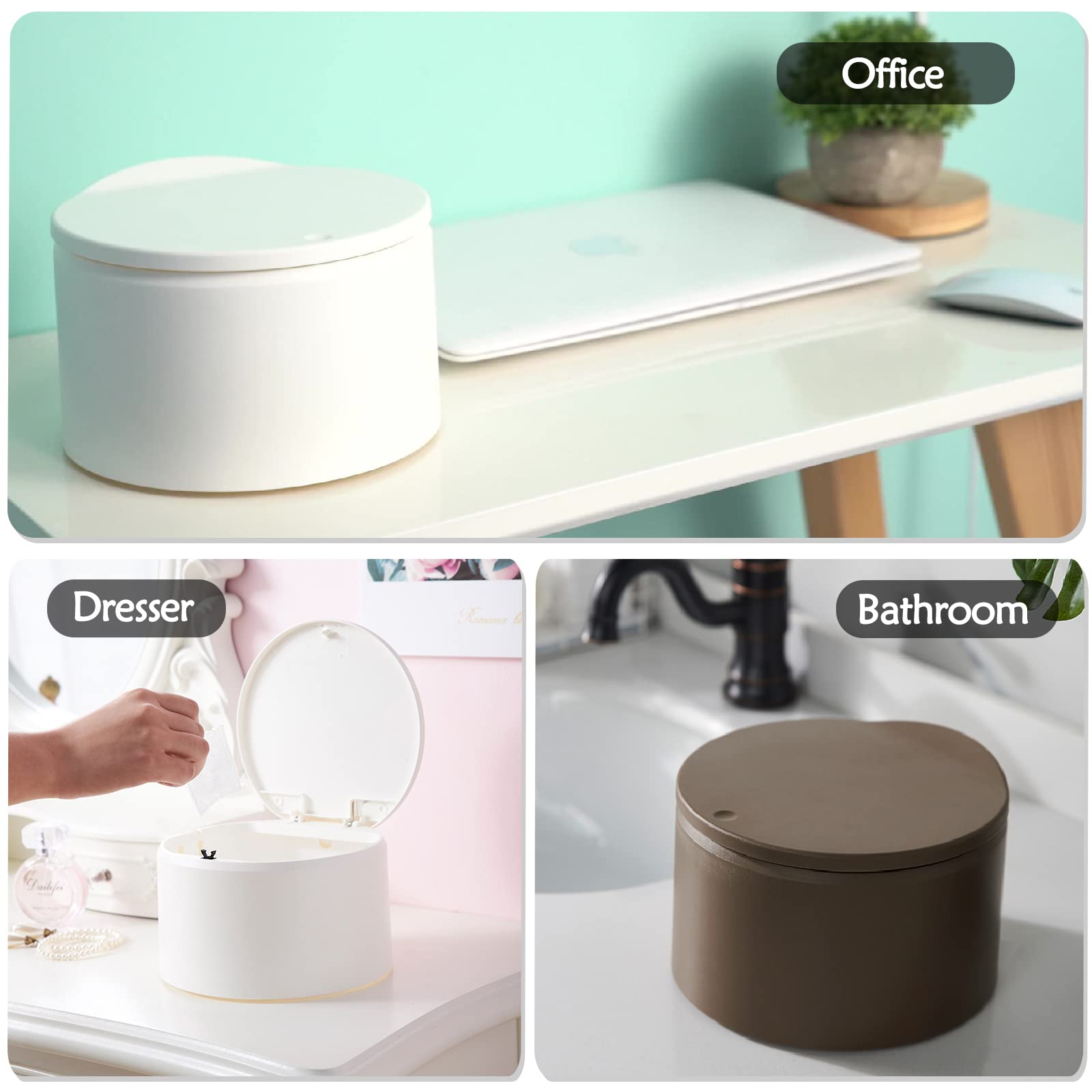 Mini Countertop Trash Can with Lid - Small Press-Type Waste Bin with Removable Liner for Desk, Office, Kitchen, Bathroom & Coffee Table | Compact Garbage Basket for Home & Vanity Use - Khaki