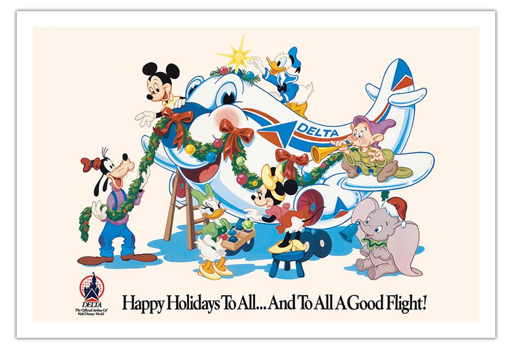 Vintage 1960s Disney World Travel Poster - Mickey Mouse & Disney Characters Holiday Greeting - Delta Air Lines Official Art Print - 30x44in Unframed Fine Art Matte Paper - Perfect for Disney Fans, Home Decor & Gift Giving