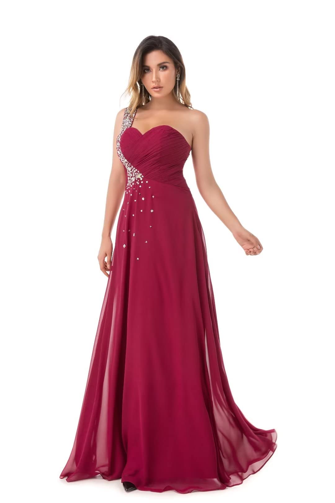 Elegant One Shoulder Chiffon Bridesmaid Dress with Crystal Beading - Long Formal Evening Gown for Weddings, Prom & Special Occasions