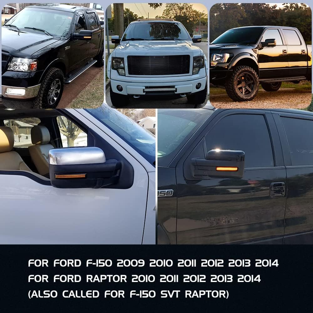 Amber LED Sequential Turn Signal Side Mirror Lights for Ford F150 (2009-2014) & SVT Raptor (2010-2014) - Smoked Lens Reflector - Easy Installation & Enhanced Visibility for Night Driving