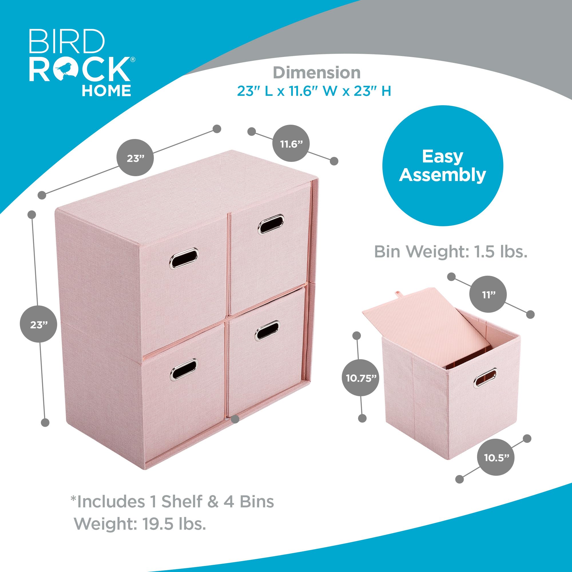 BIRDROCK HOME 4-Bin Linen Cube Organizer Shelf - Collapsible Storage Unit for Bedroom, Closet, Dorm | Space-Saving Shelving for Toys, Clothes, Towels | Durable Multi-Purpose Organizer (Blush) - Perfect for Small Spaces, Kids' Rooms & Home Organization