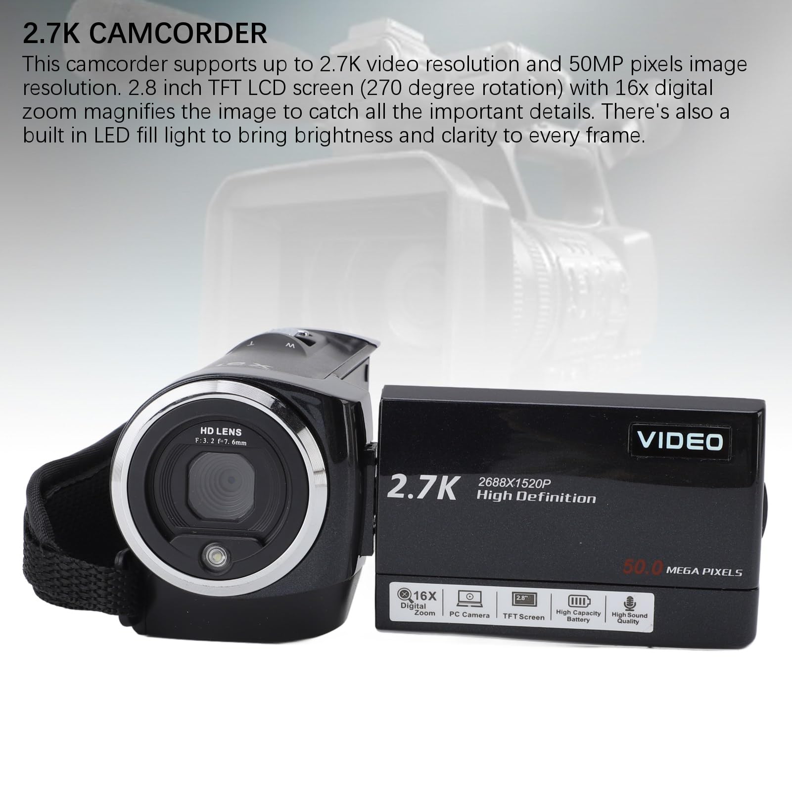 Sxhlseller 2.7K HD Vlogging Camera - 16x Digital Zoom, 50MP, 2.8