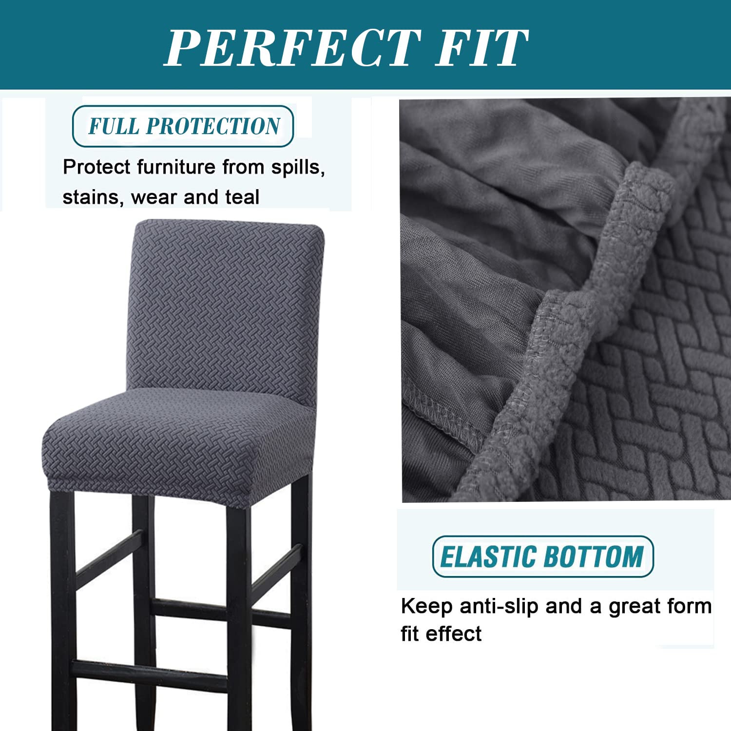 4 Pack Stretch Bar Stool Covers with Backs - Jacquard Fabric Slipcovers with Elastic Bands for Pub, Counter & Kitchen Stools - Dark Gray - Perfect for Home, Cafe and Restaurant Decor