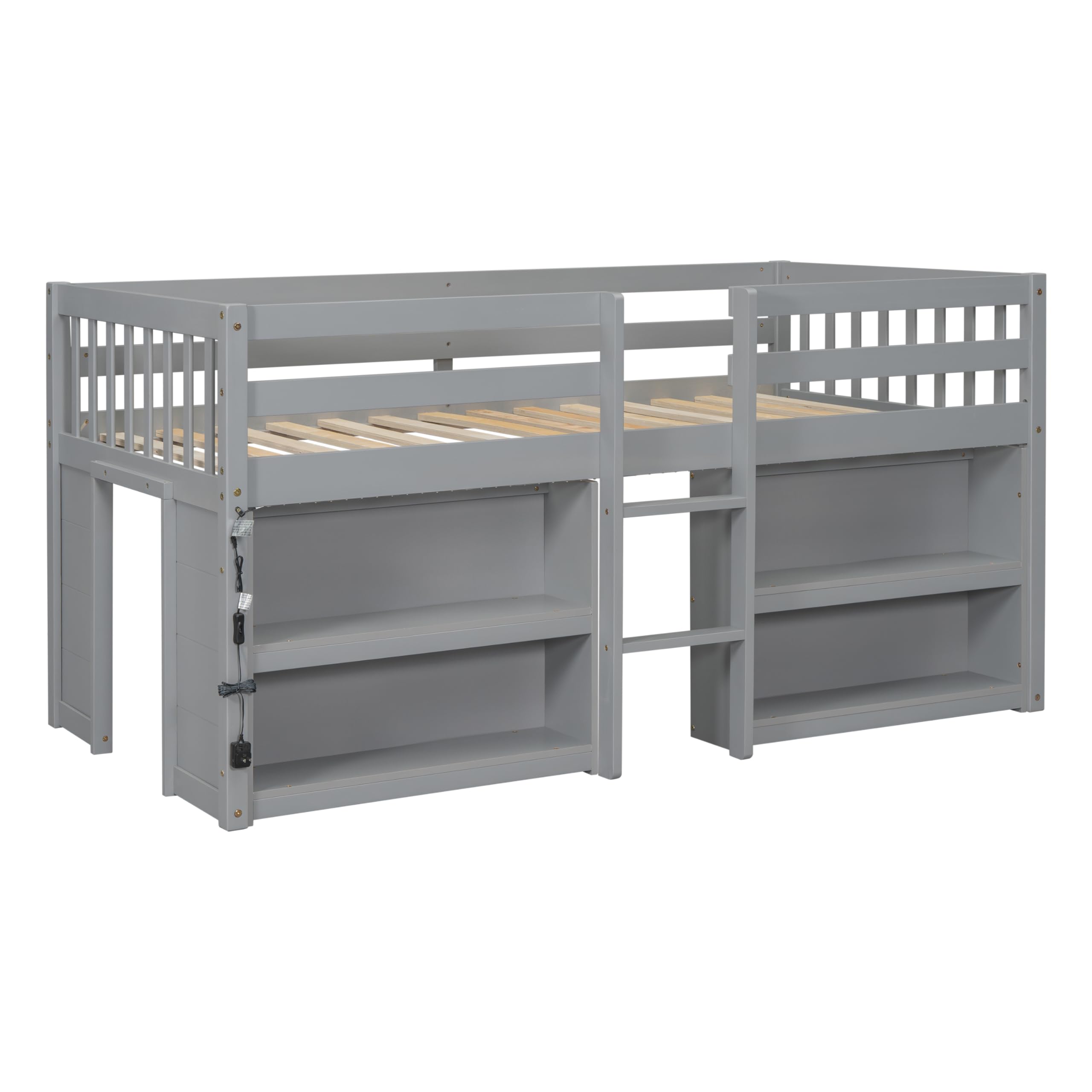 LED Twin Size Low Loft Bed with Storage Shelves & Built-in Lights - Space-Saving Kids Bed Frame for Boys & Girls, Grey - Perfect for Small Bedrooms, Dorm Rooms & Kids' Sleepovers