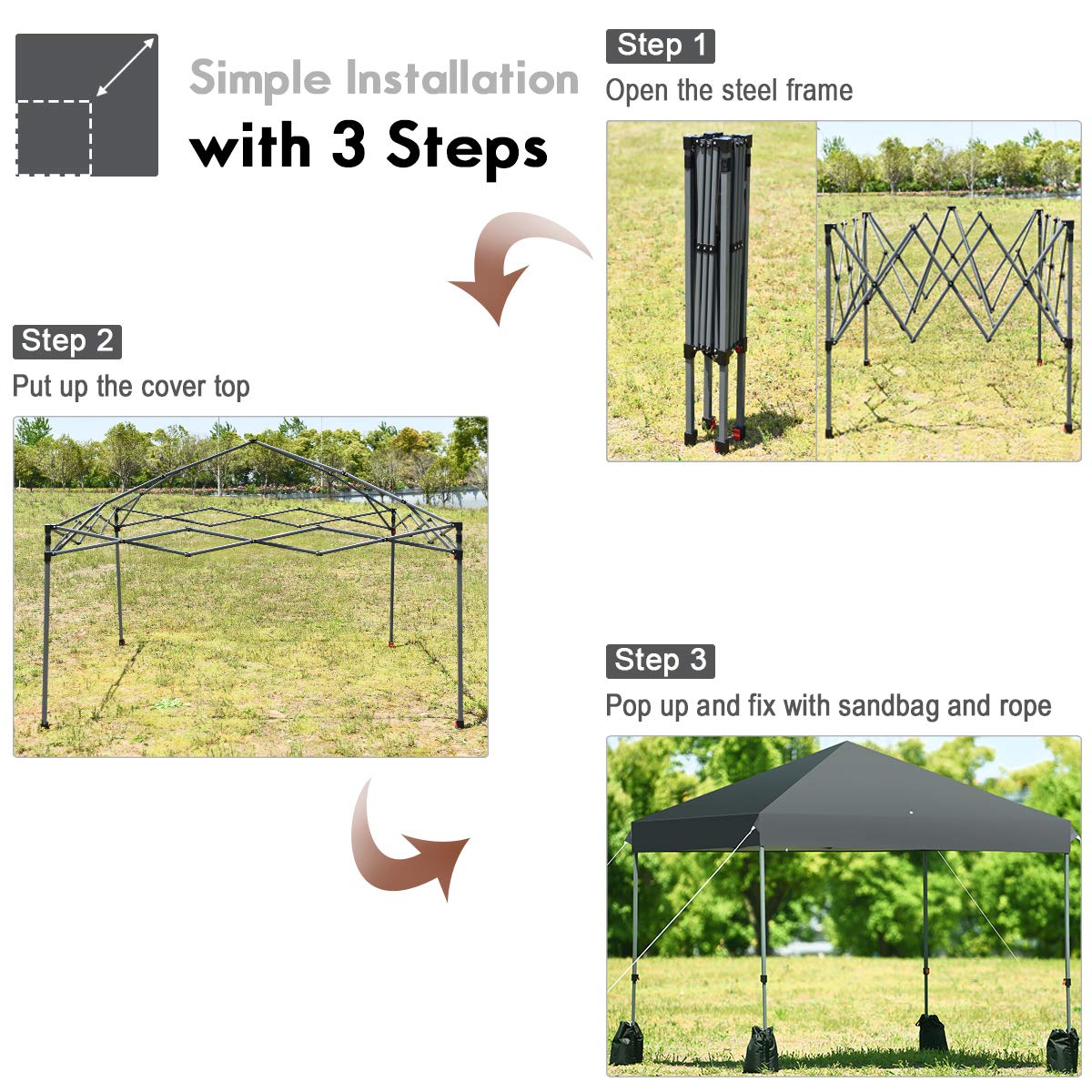 Tangkula 8x8 Ft Pop Up Canopy Tent - Portable Instant Shelter with Wheeled Carry Bag, 4 Sand Bags & 8 Stakes - Waterproof Outdoor Shade for Camping, Beach Parties, Backyard BBQs (Gray)