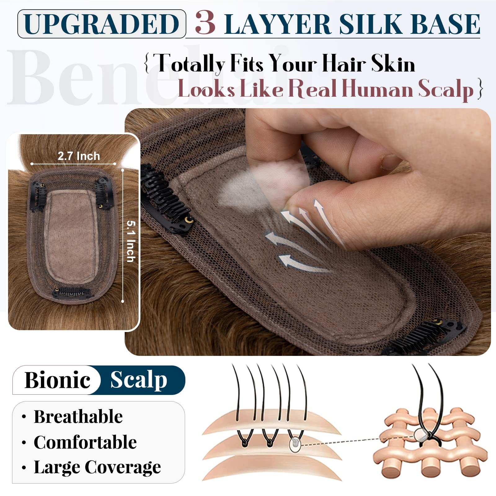 Benehair Clip-in Hair Topper with Thin Bangs | 14 Inch Human Hair Topper | Handmade Silk Base | Straight & Soft Hair Extensions for Women | Covers Hair Loss & Thinning | Light Brown #6 | Perfect for Daily Wear, Special Occasions & Confidence Boosting