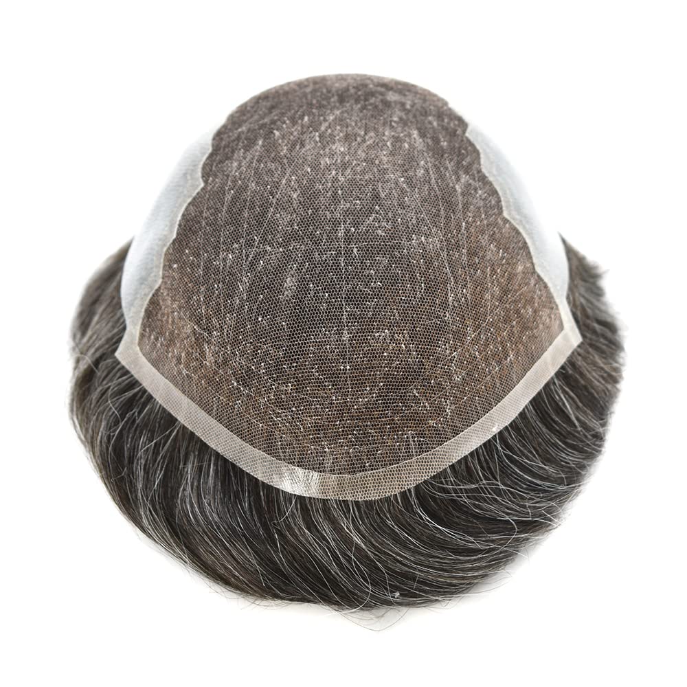 100% European Real Human Hair Swiss Lace Front Toupee for Men - Dark Brown with 40% Gray - 8x10 Inch - Bleached Knots - 100% Density - Natural Looking Hair Replacement System for Thinning Hair & Baldness - Perfect for Daily Wear, Special Occasions & Confidence Boost