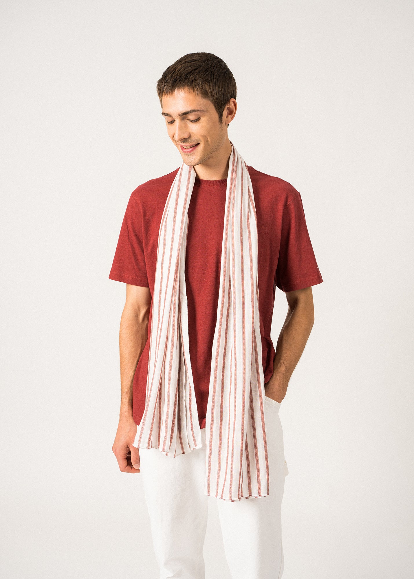 Stylish Striped Cotton Scarf for Women - White & Terracotta Fashion Accessory - Perfect for Casual Outfits, Office Wear, and Travel