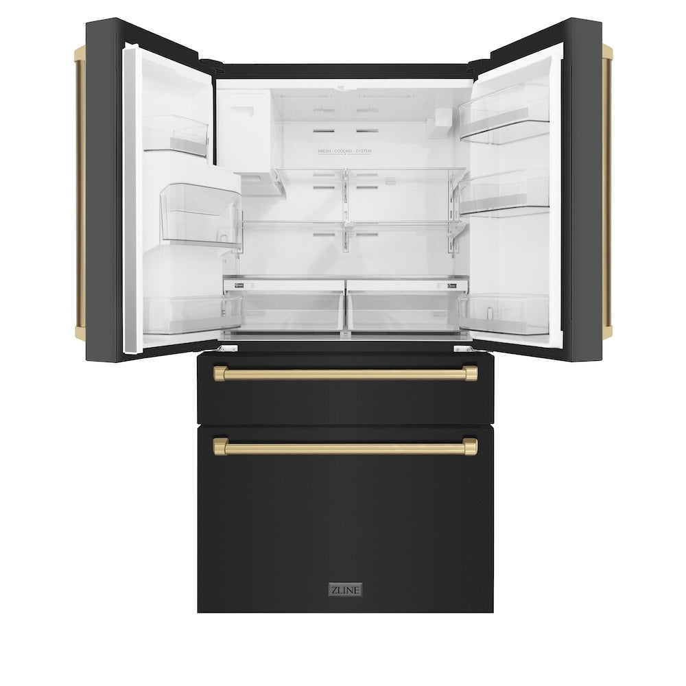ZLINE Autograph Edition 36 Inch Counter Depth French Door Refrigerator - 21.6 cu ft Capacity, Fingerprint Resistant Black Stainless Steel, Built-In Water and Ice Dispenser with Champagne Bronze Handles (RFMZ W 36 BS CB) - Perfect for Modern Kitchens, Open Concept Homes & Entertaining
