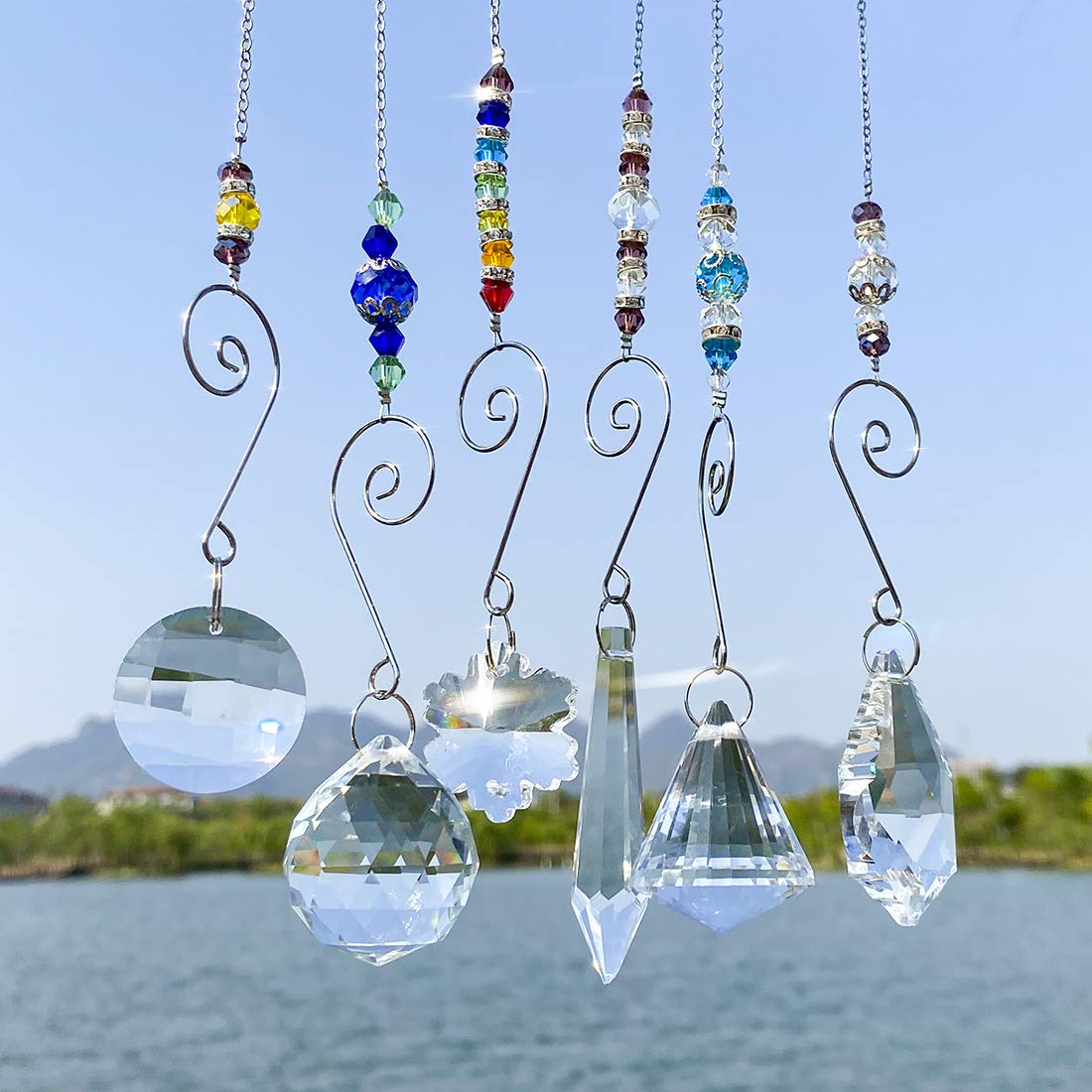 Longsheng Set of 6 Handmade Crystal Suncatchers - Rainbow Window Prisms for Home & Garden Decor, Stained Glass Window Hangings for Sunlight Reflections - Perfect for Windows, Patios, and Indoor/Outdoor Spaces